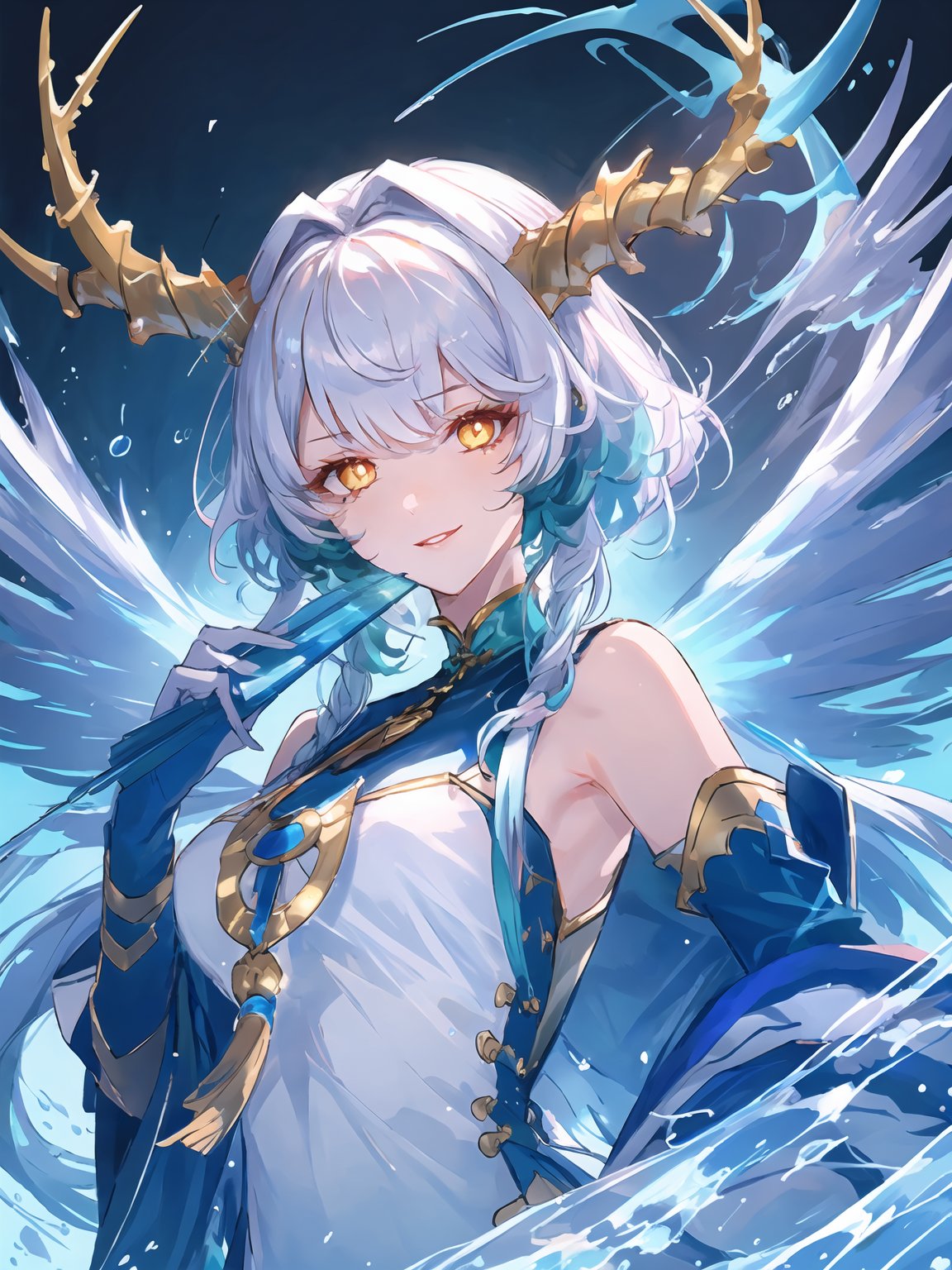 masterpiece,best quality,highres,cinematic lighting,dramatic angle,1girl,horns,white hair,gradient hair,braids,yellow eyes,symbol-shaped pupils, glowing eyes,white dress,bare shoulders,<lora:ShadowverseSilongDividedV11-000030:0.8:lbw=forte>,elbow gloves,scales,tassel,jewelry,shaded face,wings,tail,parted lips,evil smile,portrait,water,(fan,holding opened fan,shanzi:1.2),magic,close-up