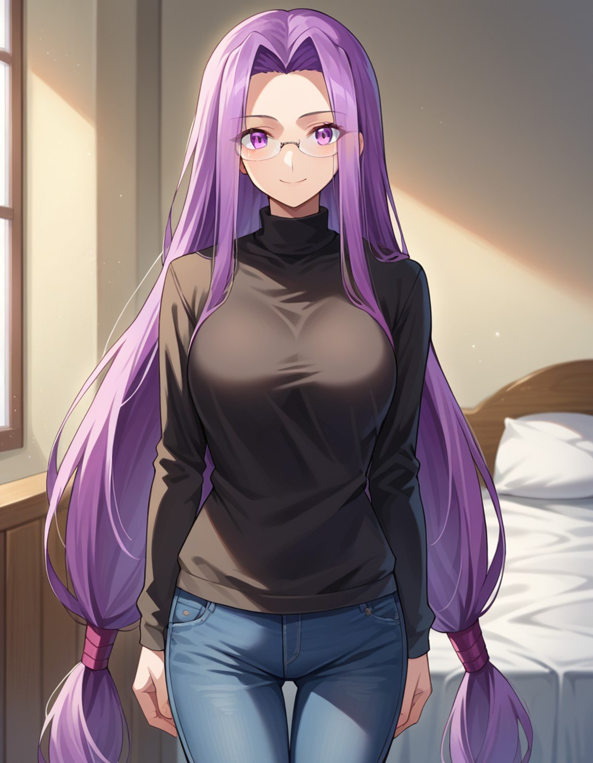 score_9, score_8_up, score_7_up, source_anime,medusarider, <lora:medusa-rider-ponyxl-lora-nochekaiser:1>,medusa rider, long hair, very long hair, purple hair, smile,long sleeves, purple eyes, glasses, pants, sweater, turtleneck, denim, low-tied long hair, jeans, black sweater,indoors, bed, bed room,looking at viewer, cowboy shot, dutch angle,