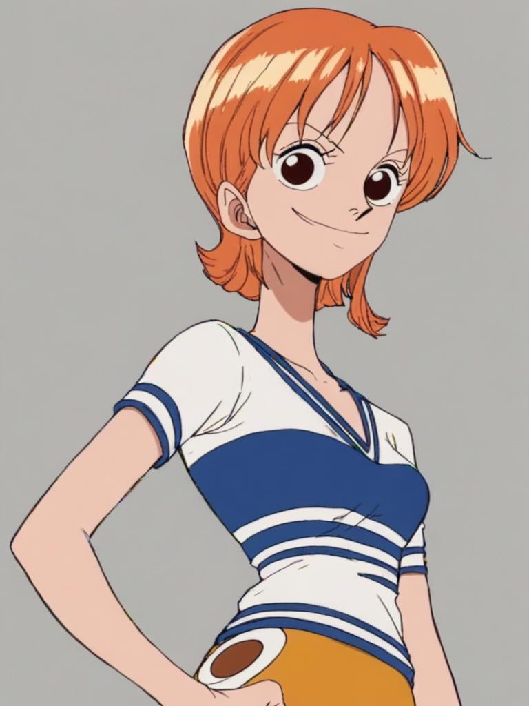 <lora:NamiPony1.0:1> nami, 1girl, short hair, orange hair, solo, striped shirt, yellow skirt, looking at viewer, smile, brown eyes, upper body,hand on own hip,smile, score_9,simple background,  score_8_up, score_7_up, score_6_up