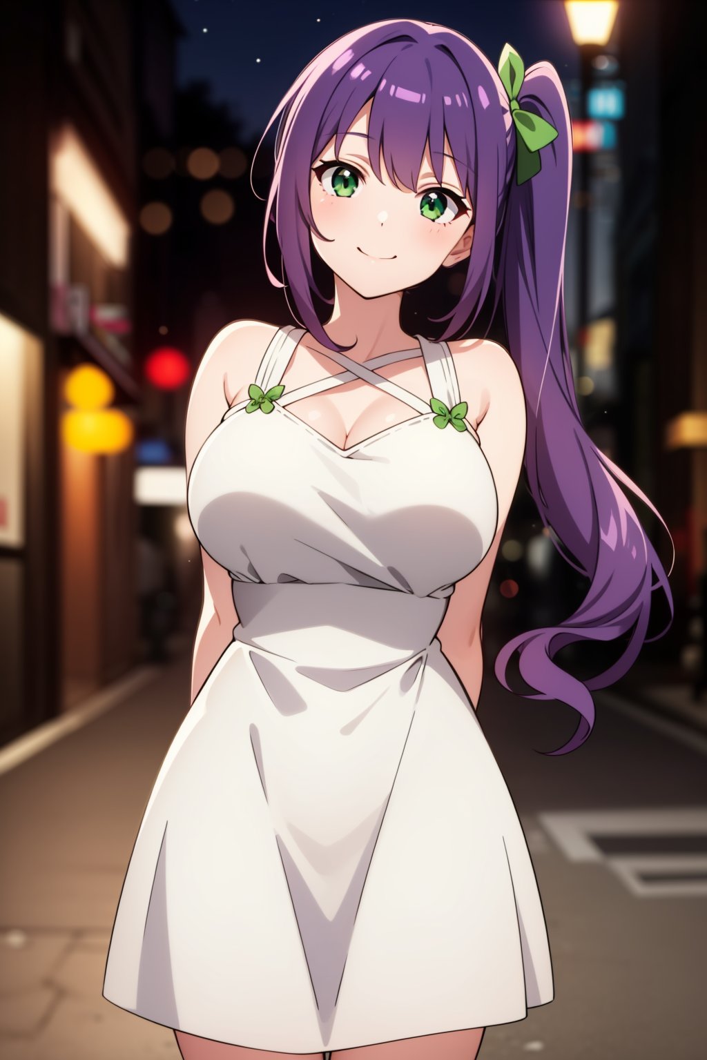 1girl, solo,long hair, wavy hair, purple hair, side ponytail, green eyes, large breasts, white dress, head tilt, light smile, arms behind back,night, bokeh, street, anime screencap, masterpiece, best quality,