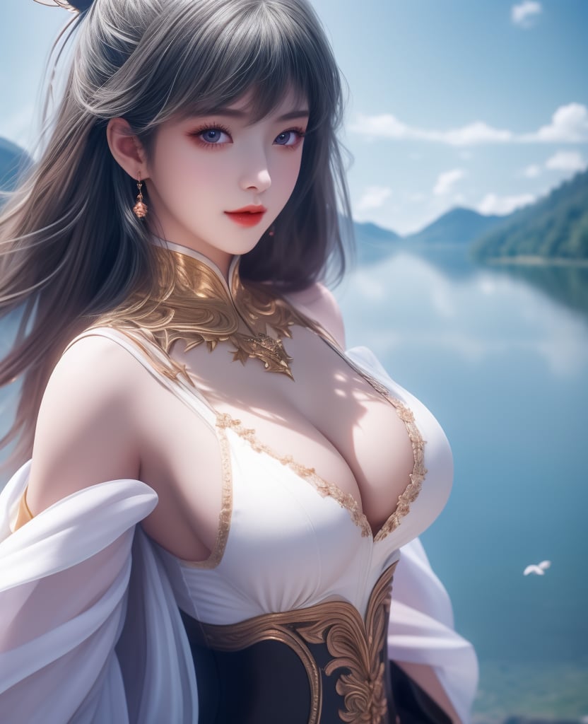 <lora:斗罗大陆-唐舞桐-海神缘:0.8> (,1girl, ,best quality, ),looking at viewer,  ,ultra detailed 8k cg, ultra detailed background,  ,masterpiece, (( , )) , lake,upper body,   (cleavage), (),