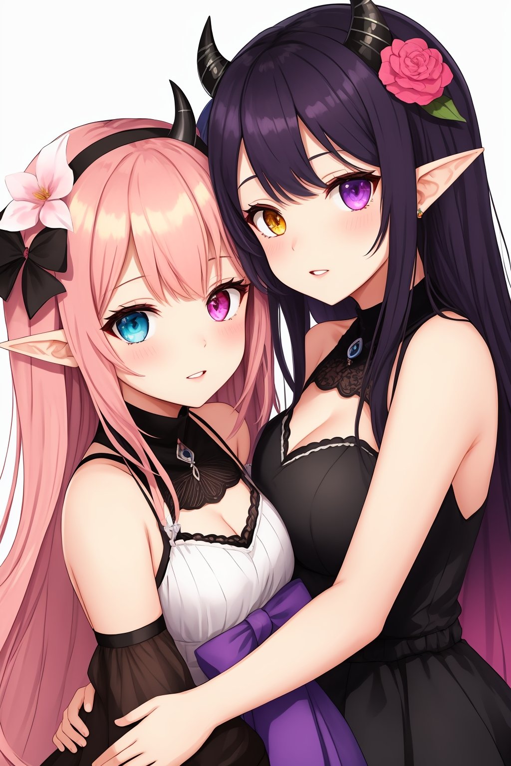 long hair,looking at viewer,blush,bangs,blue eyes,multiple girls,simple background,black hair,hair ornament,white background,2girls,bare shoulders,purple eyes,yellow eyes,upper body,pink hair,flower,multicolored hair,parted lips,horns,pointy ears,virtual youtuber,hair flower,dark skin,dark-skinned female,heterochromia,stuffed toy,demon girl,colored inner hair,multicolored eyes,heads together,cheek-to-cheek,