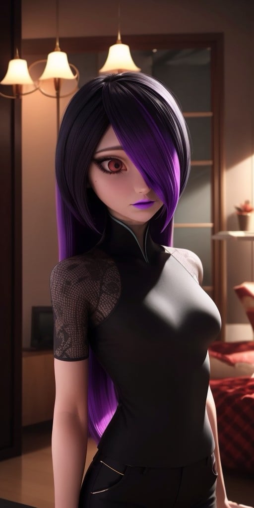 Hyperrealistic, photorealistic, super detailed, fifteen years old, medium height, brilliant red eyes, dark eyeshadow, long black hair with dyed purple tips at the end and bangs covering the left side of her face, very soft magenta lipstick, body like in real life, large pores, pale-skinned, beautiful arms, little breasts, unreal engine, octane render, droped shadow, bokeh, cinematic lighting, <lora:add_detail:0.5>, <lora:Volumetric_lighting:0.6>, Juleka Couffaine, , <lora:d5da7d5d-bd8d-4fcf-8082-26baea76a477:0.7>