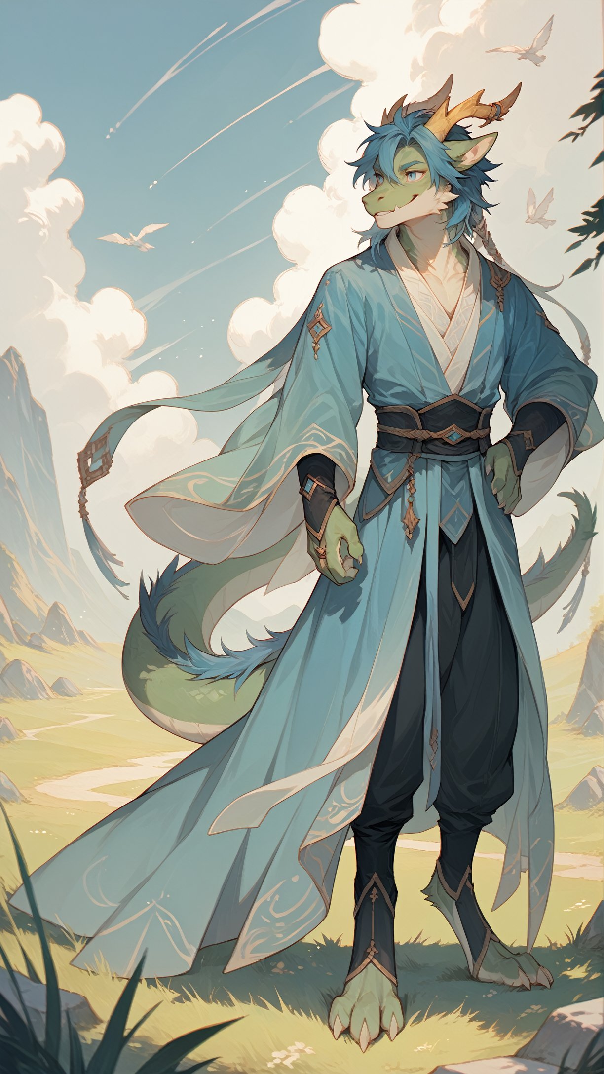 score_9,score_8_up,score_7_up,score_6_up,score_5_up,score_4_up,source_furry,han fu,male,green body,Blue tip,golden horn,Blue hair,smile,dragon,golden eyebrows,Blue clothes,blue eyes,standing,outdoors,sky,grass,tuft,digitigrade,tail_ring,green fur,digital media (artwork),Black pants,<lora:Hanfu_XL_Pony_3-000016:0.8>,