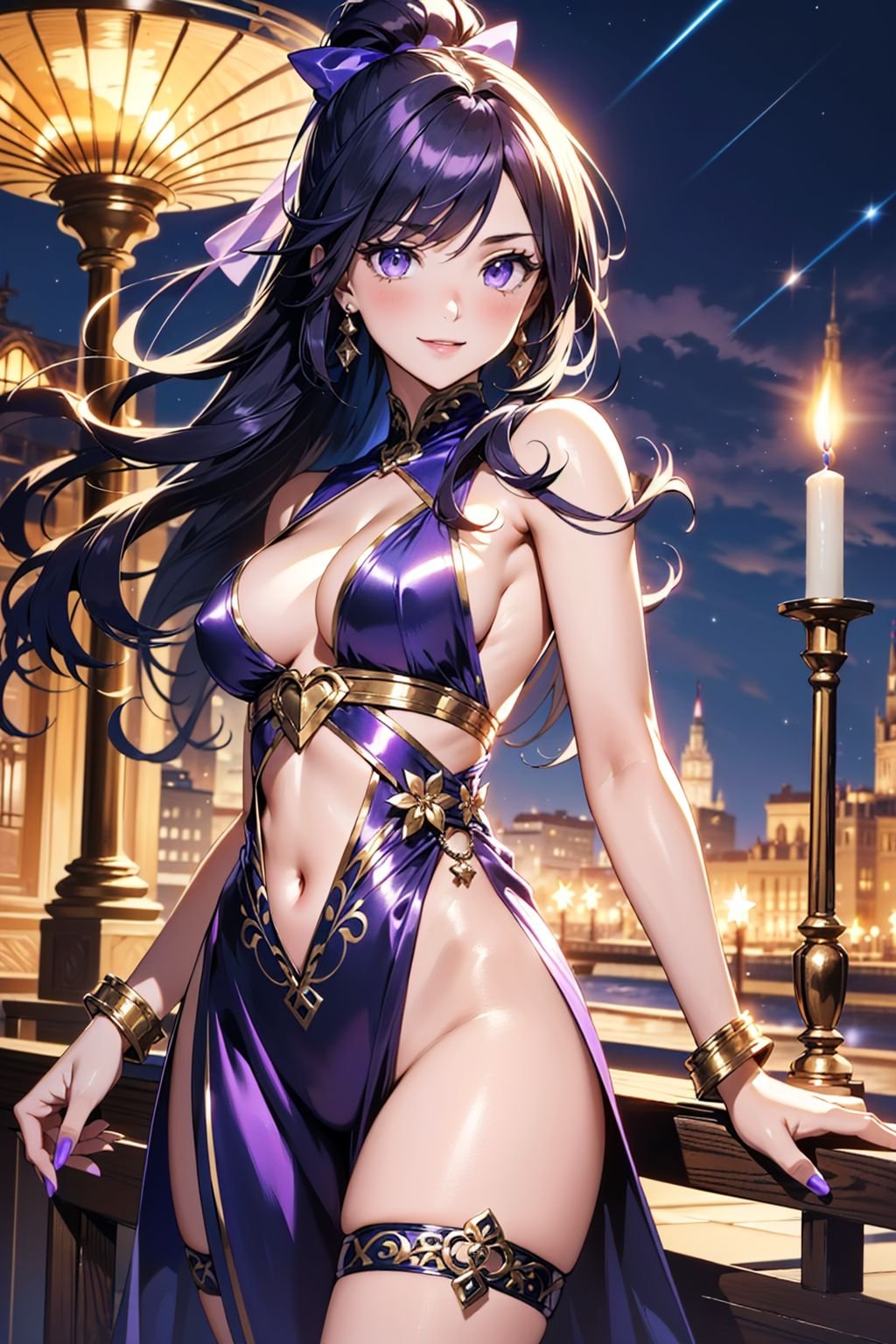 1girl, solo, (soft skin:1.2), (long purple hair:1.1), ponytail, hair ribbon, purple eyes, (sparkling eyes:1.1), shy smile, medium breasts, cleavage, (sideless outfit:1.5), long silk dress, thigh strap, (groin:1.2), (partially visible crotch:1.2), silk curtains, candlelight, night sky, Masterpiece, best quality, detailed background, intricate details, detailed, <lora:detail_slider_v4:1.25>
