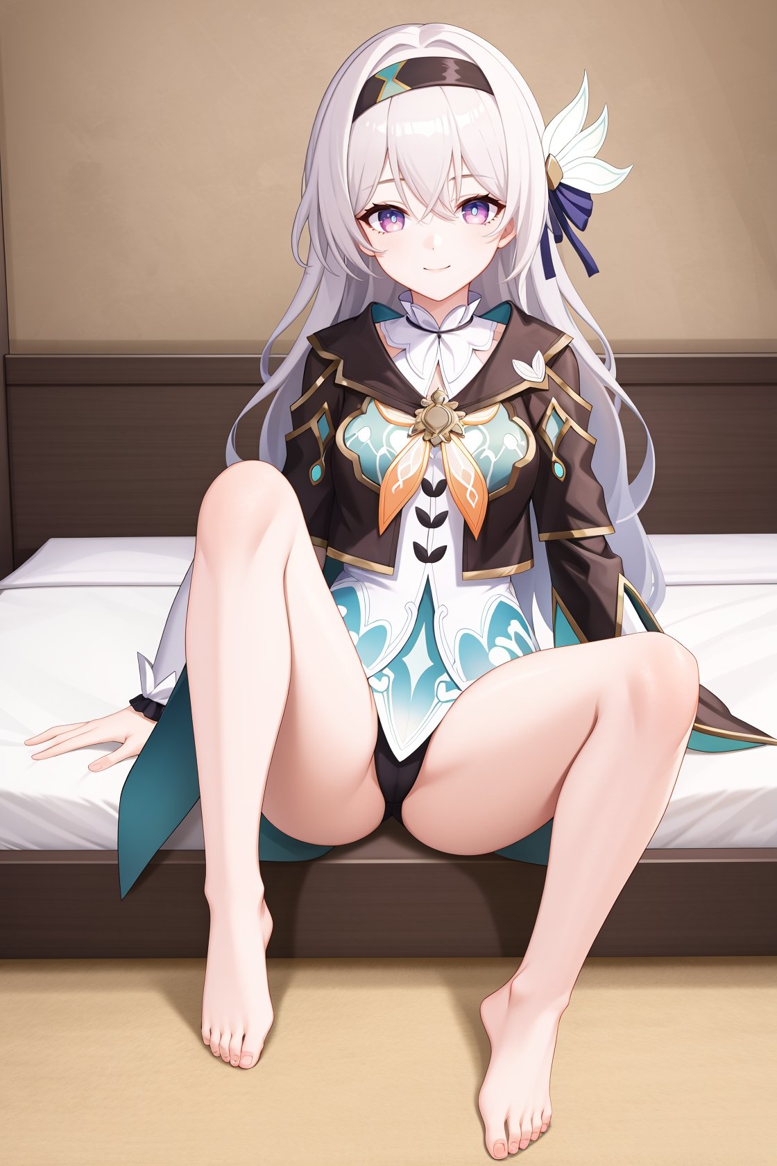 1girl,a girl named liuying,liuying,long sleeves,long hair,high quality,black hairband,(purple eyes:0.6),light smile,black capelet,green dress,full body,grey hair,bare legs,<lora:流萤21-000011:0.9:lbw=char>,sitting,spread legs,indoors,bedroom, (masterpiece,best quality:1.2),absurdres, high quality,