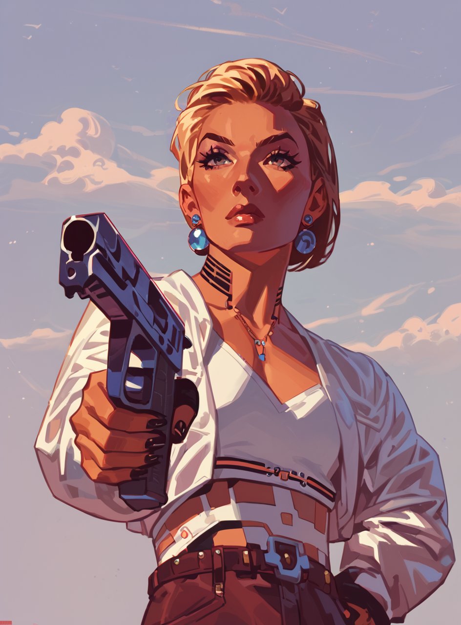 score_9, score_8_up, score_7_up, <lora:classcompxl:0.8>, classcompxl, 1girl, holding a gun, comic, cyberpunk