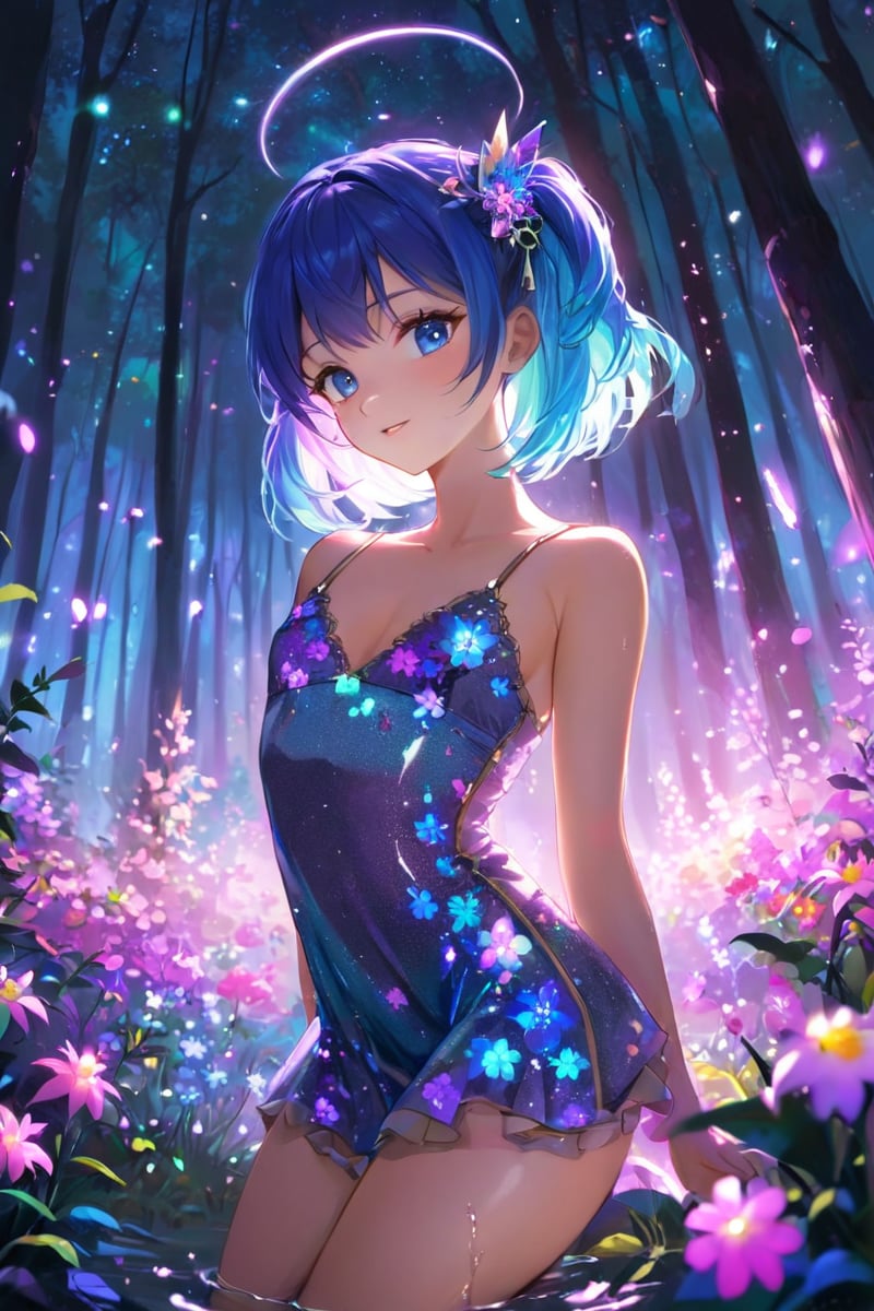 extreemely detailed, light particles floating, kneeling in the forest watching spirits, eerie aura, chromatic aberration, colorful forest lights during night time, oily skin, dynamic angle, colorful glowing flowers, night,hair ornament, intrincate clothing, sexy, high definition photo, ultra detailed skin, ultra detailed face, small skin imperfections, 1girl, Side-swept bangs, small boobs, flat chest, Curvy body, blue eyes, Lilac hair