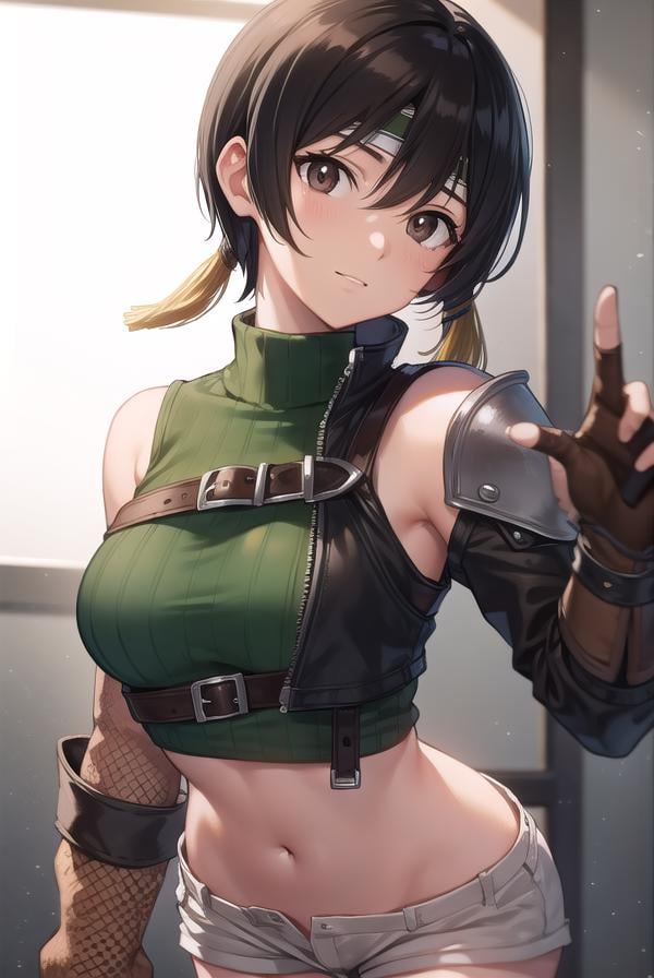 yuffiekisaragi, <lora:yuffie kisaragi v2-lora-nochekaiser:1>, yuffie kisaragi, (black hair:1.5), (brown eyes:1.7), short hair, pixie cut,BREAK crop top, fingerless gloves, fishnet thighhighs, fishnets, forehead protector, gloves, headband, navel, short shorts, shorts, single sleeve, single thighhigh, sleeveless, sleeveless turtleneck, thighhighs, turtleneck,BREAK cowboy shot, looking at viewer, BREAK indoors,BREAK <lyco:GoodHands-beta2:1>, (masterpiece:1.2), best quality, high resolution, unity 8k wallpaper, (illustration:0.8), (beautiful detailed eyes:1.6), extremely detailed face, perfect lighting, extremely detailed CG, (perfect hands, perfect anatomy),