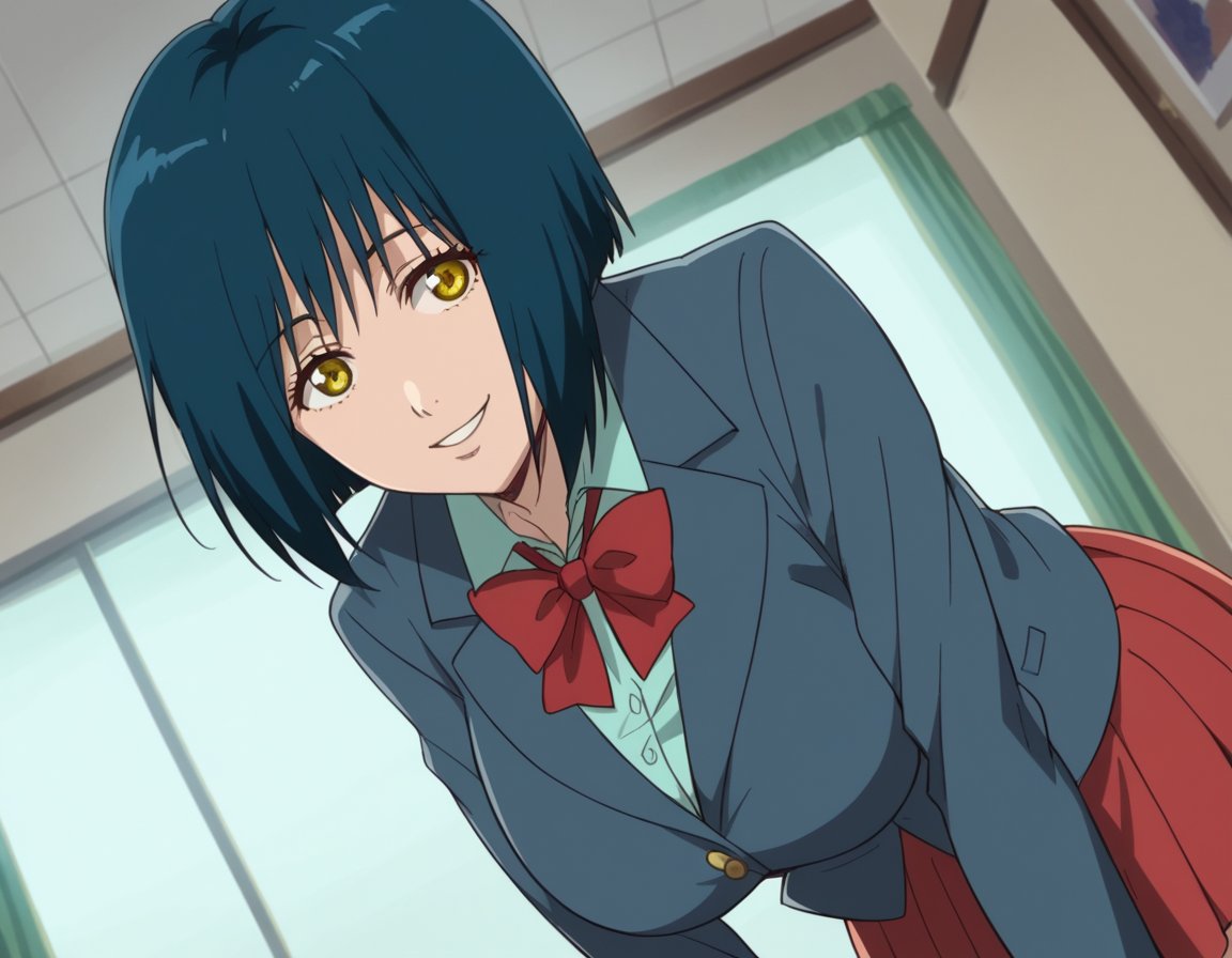 score_9, score_8_up, score_7_up, source_anime, <lora:manami-nikaido-ova-ponyxl-lora-nochekaiser:1>, manami nikaido, short hair, black hair, blue hair, yellow eyes, bob cut, large breasts,, school uniform, shirt, collared shirt, blazer, grey blazer, bowtie, red bowtie, skirt, red skirt, pleated skirt,, indoors, bent over, smile,, looking at viewer, solo, cowboy shot, dutch angle