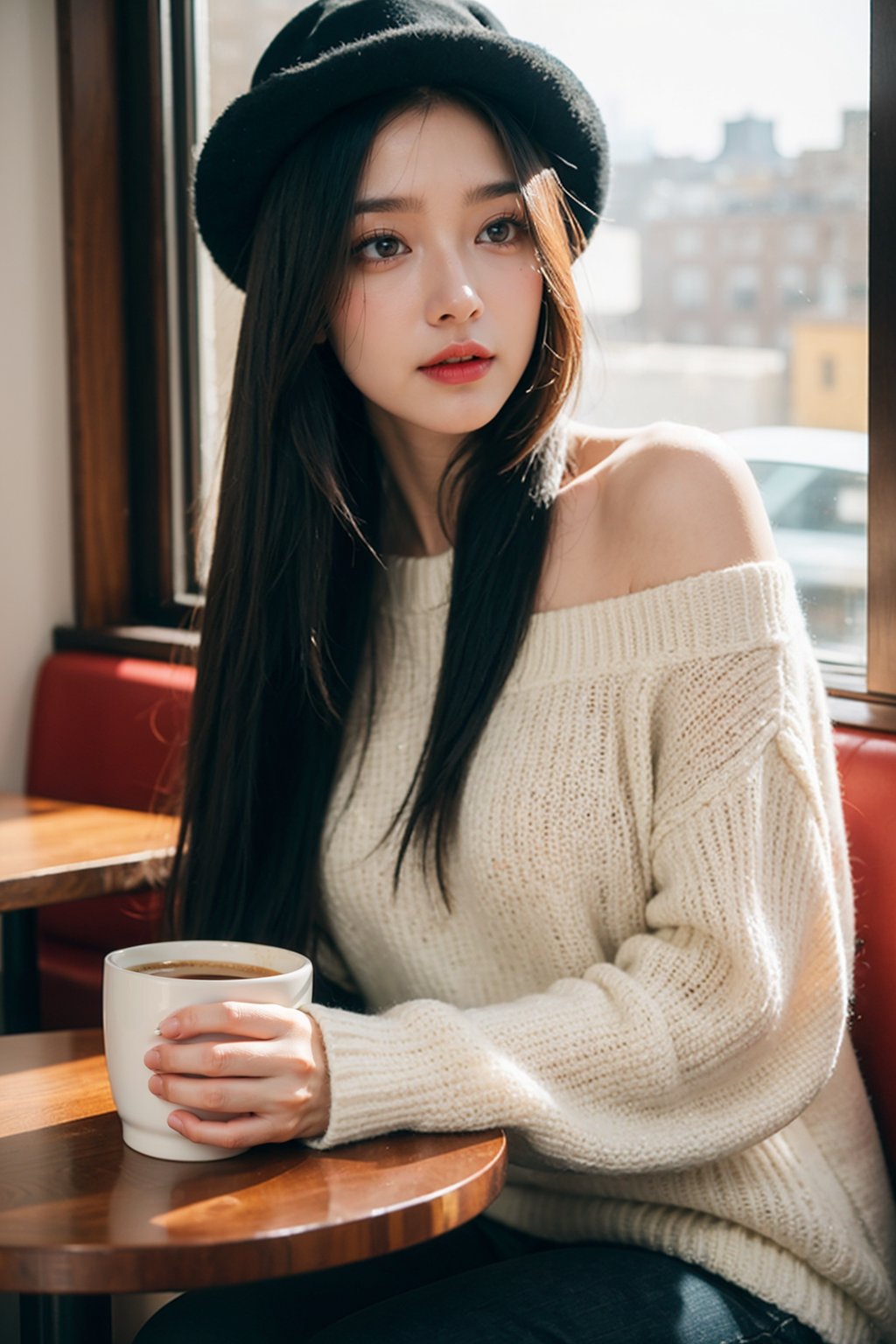 1 girl,solo,fine art photography,close up, black hair,Sitting at a table in a coffee shop,(Looking out of the window:1.2), A beige sweater, realistic,Long straight hair,A hat made of wool,indoor,bare shoulders,red lips,coffee cup, coffee,Volume lighting,Light and dark light