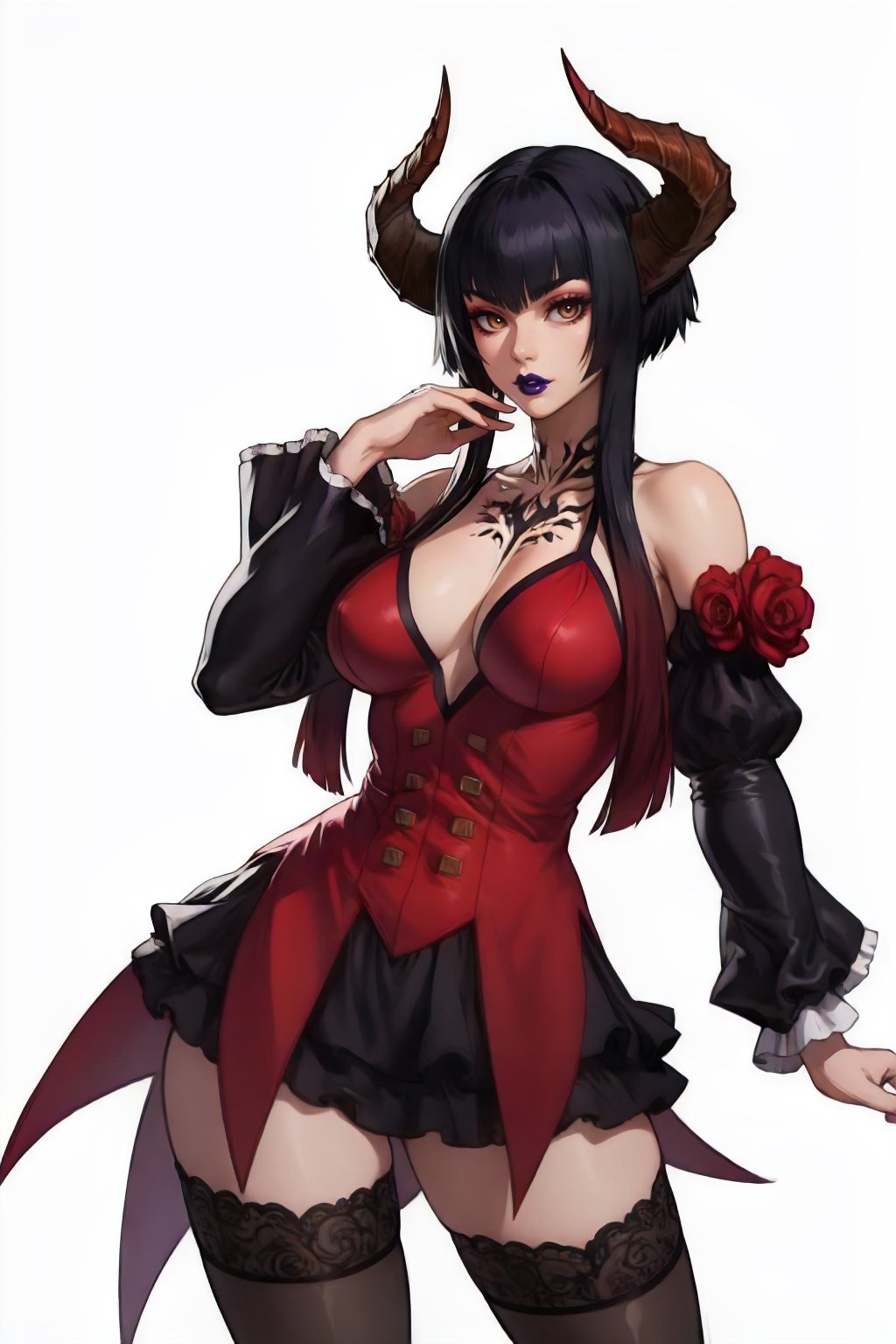 eliza, solo, horns, long sidelocks, detached sleeves, thighhighs, lipstick, cowboy shot, white background <lora:T7_Eliza-DEF:0.7>, perfect, sharp, masterpiece, detailed, high resolution, best quality,