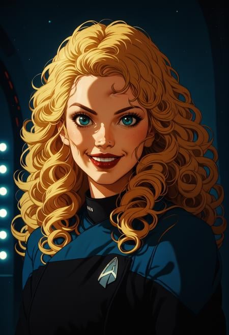 score_7_up,solo,long blonde curly hair,1girl,lipstick,smiling,pcdst,Star trek uniform,blue,blue shoulders,black jumpsuit,<lora:PicardPony-000050> <lora:Kenva_Enhanced:0.8><lora:Kenva:0.8>