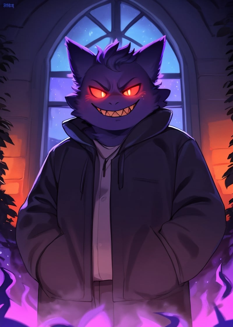 (by Nsfwzhenya, by Supplesee, by Sususuigi, by Teathekook), chubby (gengar:1.25), furred jacket, sharp teeth, low-angle view, three-quarter view, hand in pocket, (glowing eyes, looking down at viewer, half-length portrait:1.25), BREAK, haunted house, colorful maze, plant, foggy, dark, night, glowing, window, willow wisp, purple fire, foreground, detailed background, depth of field, ambient silhouette, masterpiece, best quality, light, 4k, 2k, photography