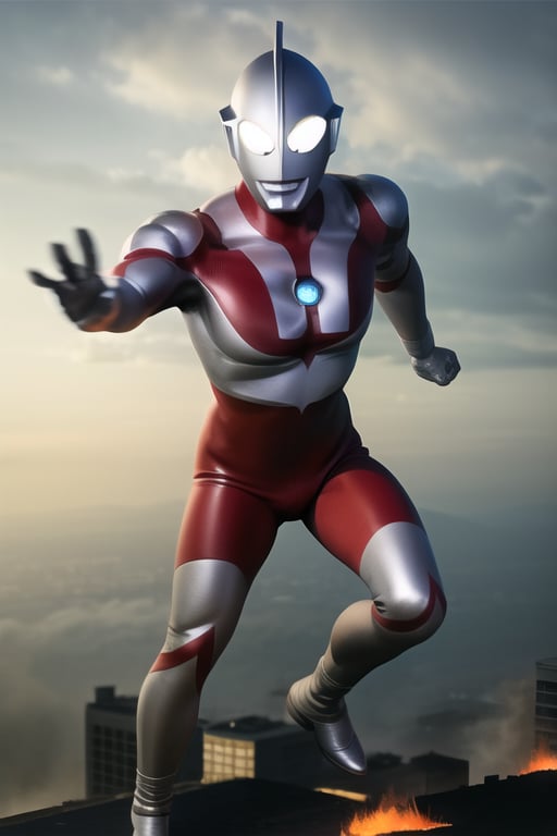 Best quality, masterpiece,1boy, <lora:Ultraman:0.7>, Ultraman, bald, bodysuit, boots, gem, giant, gloves, helmet, pilot_suit, plugsuit, realistic, solo,a giant in city, full body, fighting stance, fire on city, fire background, 