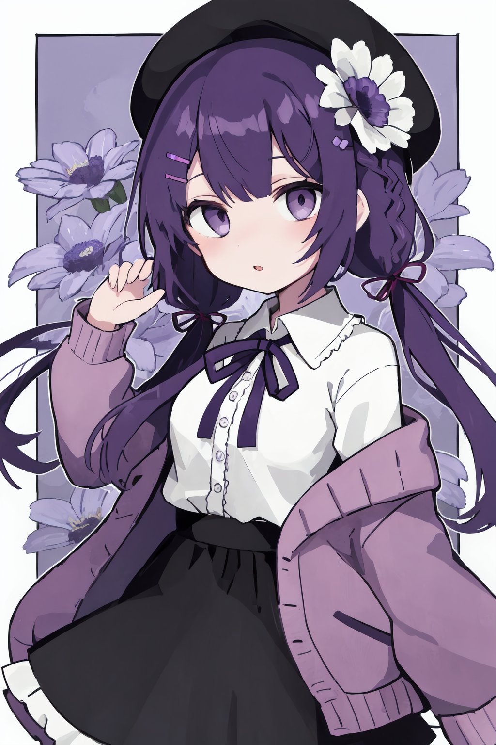 1girl,solo,purple eyes,skirt,hair ornament,flower,purple hair,hat,shirt,ribbon,frills,long hair,purple flower,black skirt,looking at viewer,hairclip,hair flower,long sleeves,neck ribbon,braid,frilled skirt,white shirt,bangs,collared shirt,black headwear,jacket,purple headwear,purple jacket,off shoulder,cowboy shot,blue flower,beret,open clothes,twintails,chibi,so-style,