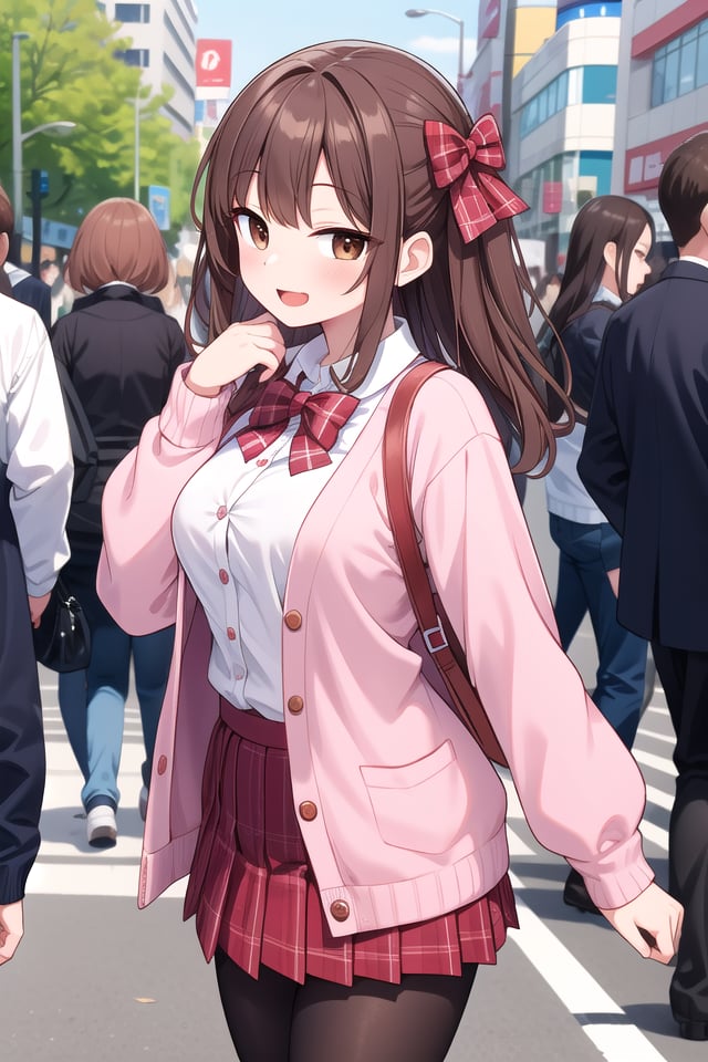 insanely detailed, absurdres, ultra-highres, ultra-detailed, best quality,1girl, solo, nice hands, perfect handsBREAK(School Uniforms:1.2), (pink cardigan is fit body:1.4), ((do up a buttons, not loose):1.5), ((long sleeve, sleeves past wrists):1.2), (inner wear is white collared-shirt:1.3), (red plaid-pattern bow:1.3), (red plaid-pattern pleated skirt:1.3), ((dark-brown pantyhose, loafers):1.2)BREAKhappy smile, laugh, open mouth, standing,from side,cute pose, cowboy shotBREAKslender, kawaii, perfect symmetrical face, ultra cute girl, ultra cute face, ultra detailed eyes, ultra detailed hair, ultra cute, ultra beautifulBREAKin harajuku, shibuya, tokyo, street, crowd, cityscapeBREAKmedium large breasts,(brown hair, brown eyes), hime cut