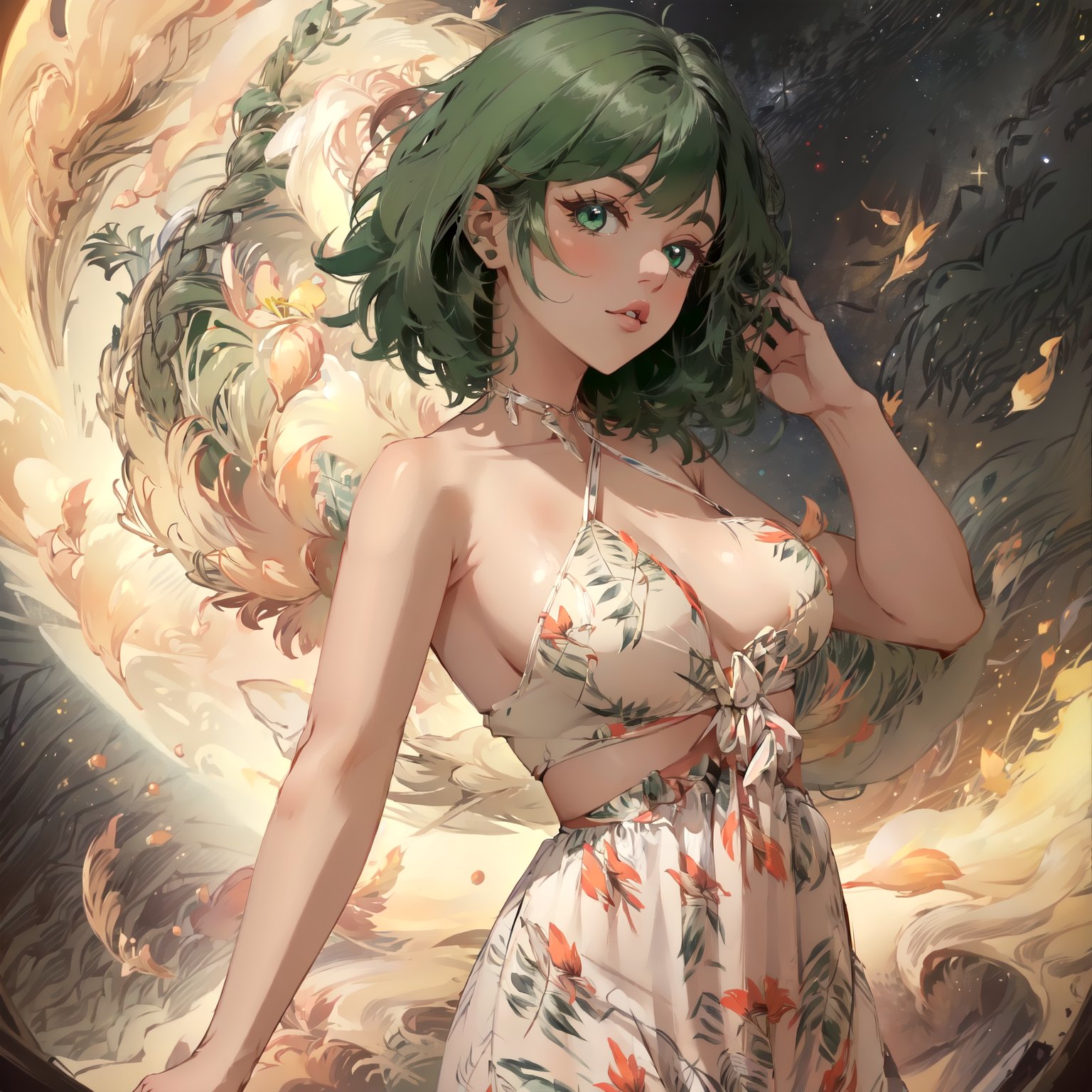 (masterpiece:1.3),(absurdres:1.3),(best quality:1.3),flwdrss,1girl,space background,green hair,short hair,looking at viewer,,,,large breasts,<lora:FlowerDressSD15:1>