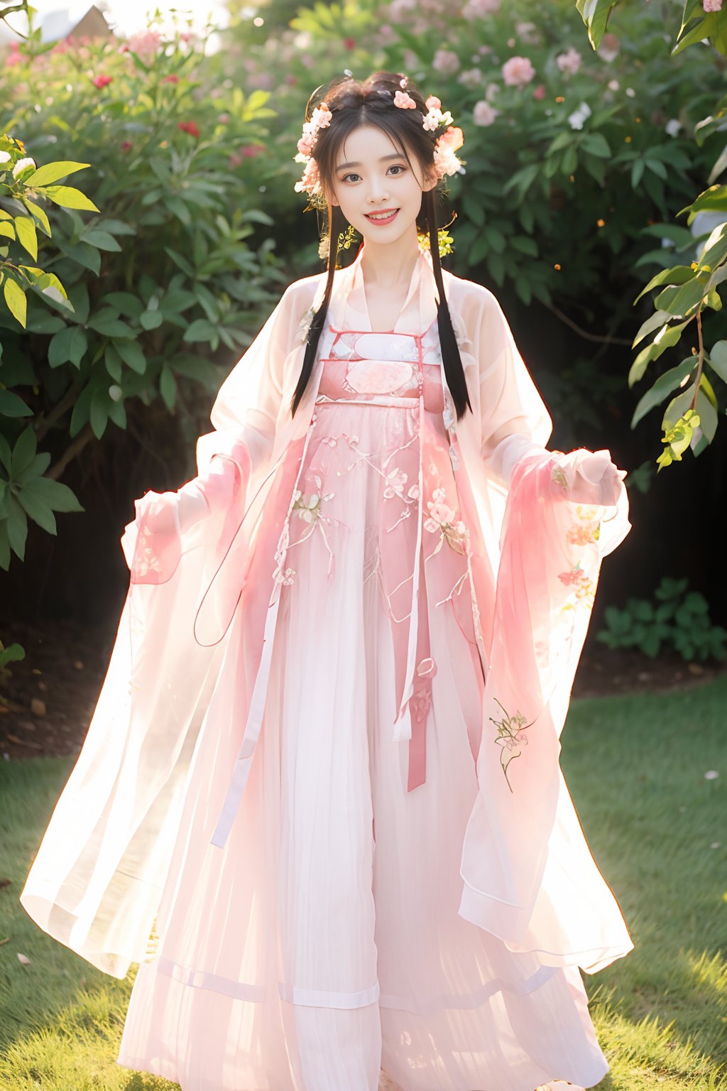 1girl,looking_at_viewer,(bust:1.2),(standing:1),(light pink and white see-through hanfu:1.1),smile,flower field,