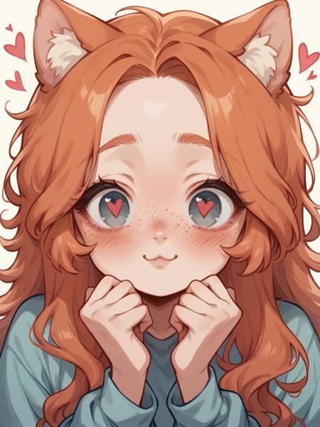 score_9, score_8_up, score_7_up, score_6_up, <lora:3m0t3XLP:1>3m0t3, ginger hair, hearts, blush, love, 1girl, freckles, grey eyes, long hair, Fr3ckles, <lora:Fr3ckledXLP:0.2> white background, heart-shaped pupils, cat ears