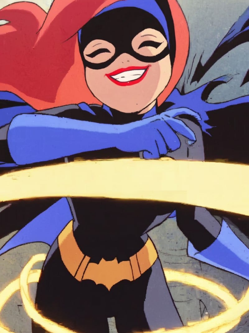 score_9, score_8_up, score_7_up, volumetric lighting, batgirl, 1girl, solo, smile, closed eyes, red hair, belt, cape, bodysuit, makeup, mask, lipstick, blue gloves, red lips, superhero, pillarboxed, <lora:batman_pony_v1:0.9>