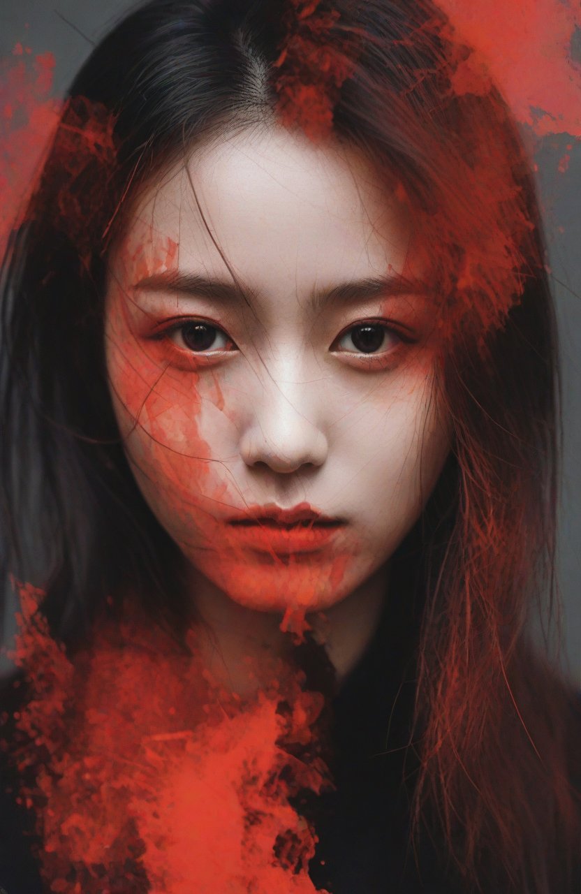 abstract portrait of 1girl,undefined gender,fragmented visual style,red and black color palette,evokes feelings of rebellion,passion,and freedom,blurred boundaries,high resolution,aesthetic,<lora:LCM&TurboMix:1>,