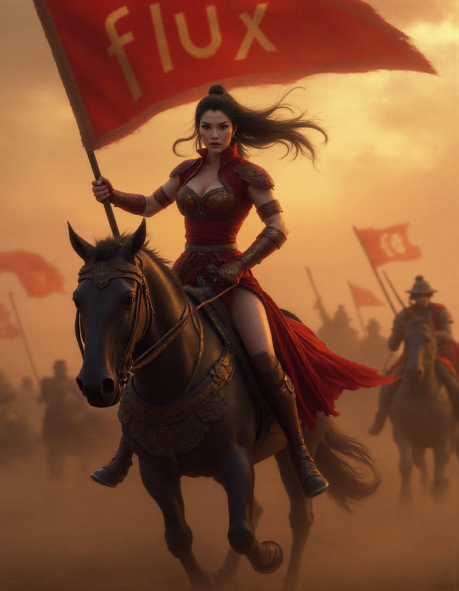 A hyper-realistic image of Hua Mulan,the legendary Chinese warrior,depicted with a blend of fierce strength and alluring sensuality. Mulan rides atop a powerful warhorse,leading her troops into battle with unwavering determination. She is dressed in a sleek,form-fitting red armor that highlights her toned,athletic physique,while still retaining the intricate details and traditional Chinese motifs associated with her warrior status. The armor is slightly more revealing,with carefully placed cutouts and design elements that accentuate her curves,yet still practical for battle.,Her long,dark hair flows freely in the wind,cascading down her back and over her shoulders,adding to her wild,untamed beauty. Her makeup is subtly applied,with a focus on her sharp,captivating eyes that convey both determination and a deep,smoldering intensity. Her lips,slightly parted,add a touch of sensuality to her strong and commanding expression.,In one hand,Mulan holds a large,flowing banner high above her head,the fabric billowing in the wind as she charges forward. The banner is boldly emblazoned with the word 'flux' in striking,bold lettering,which stands out against the vibrant color of the flag. The movement of the flag adds a dynamic sense of motion and power to the scene,symbolizing her leadership and the unstoppable force of the army she leads.,She sits confidently on a massive,muscular warhorse,her legs gripping the saddle with ease and grace. the horse's armor is sleek and streamlined,complementing mulan's own attire. her posture is both powerful and seductive,with her body slightly leaning forward as if preparing to charge,yet maintaining an air of grace and poise.,The battlefield around her is a chaotic mix of dust,smoke,and the clamor of war,but Mulan stands out as a commanding presence. The troops behind her,inspired by her strength and allure,follow her lead with unwavering loyalty,their armor and weapons glinting in the light as they charge into battle.,The background is dramatic,with a fiery sky casting a warm,golden glow that highlights the curves of her body and the intricate details of her armor. The light catches on the edges of her armor,creating a striking contrast between the hardness of the metal and the softness of her form. The flag she holds is illuminated by the same fiery light,making the word 'flux' stand out boldly against the tumultuous scene.,The overall atmosphere of the image is one of intense allure and empowerment,blending mulan's legendary warrior spirit with a captivating,seductive energy. Every detail,from the texture of her armor to the fluttering of the banner,is rendered with stunning realism,creating a scene that is both visually and emotionally powerful. The image conveys the duality of Hua Mulan as both a fierce warrior and a woman of undeniable allure and strength,leading her army with the banner of 'flux' held high.,colorful,(sexy:1.3),swimming,cure beauty,super elegant,(Charming Face:1.4),dynamic_angle,(cleavage:1.3),lots of flying arrows,