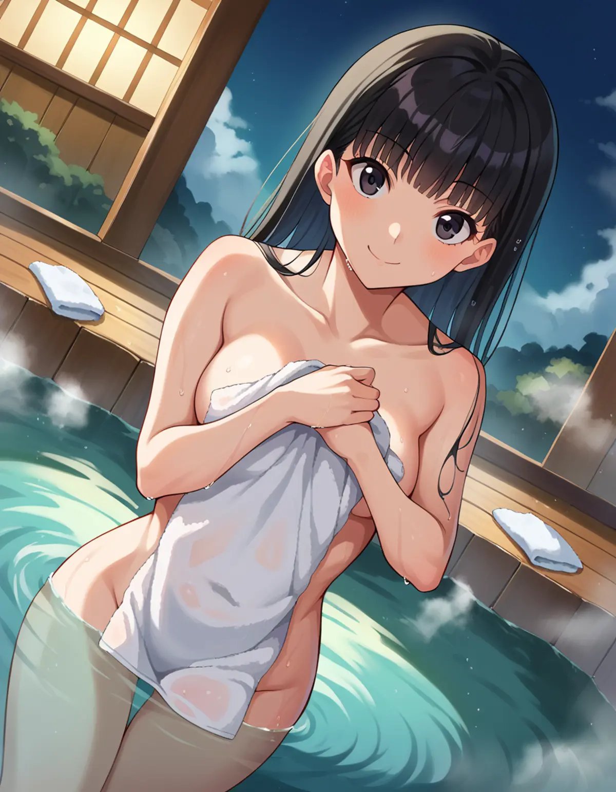 score_9, score_8_up, score_7_up, source_anime,tsukasaayatsuji, <lora:tsukasa-ayatsuji-ponyxl-lora-nochekaiser:1>tsukasa ayatsuji, black hair, long hair, bangs, blunt bangs, black eyes, smile,nude, naked, outdoors, onsen, towel, naked towel, steam, bathing, nude cover, partially submerged, water, bath, steam censor, wet towel,looking at viewer, dutch angle, cowboy shot