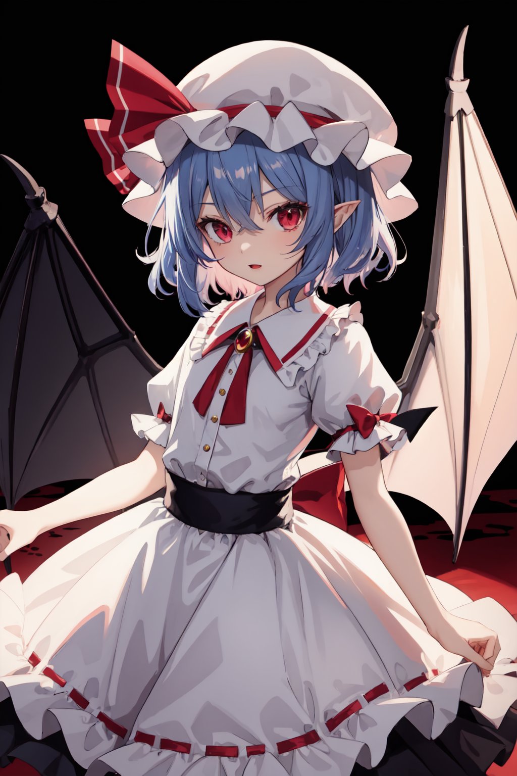 remilia_scarlet,solo,1girl,bat_wings,looking_at_viewer,mob_cap,puffy_short_sleeves,hat_ribbon<lora:remilia_scarlet:1>,simple background,white backgroundmasterpiece,best quality, highly detailed, 