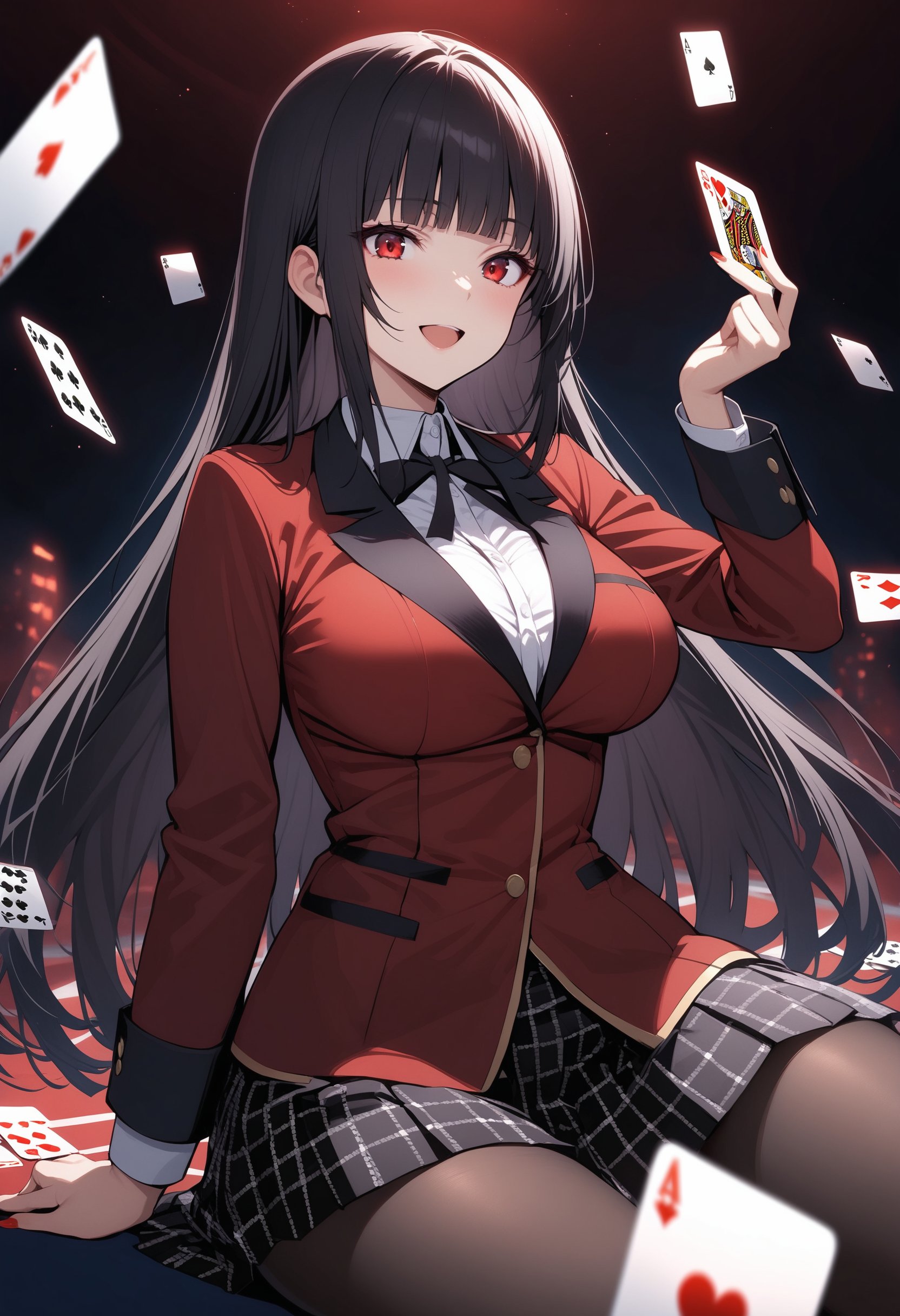 masterpiece, best quality, ultra detailed, very aesthetic,1girl, jabami yumeko, kakegurui, black hair, red eyes, long hair, blunt bangs, hyakkaou academy school uniform, school uniform, collared shirt, white shirt, ribbon, red jacket, pleated skirt, print skirt, pantyhose, smile, open mouth, card, playing card,