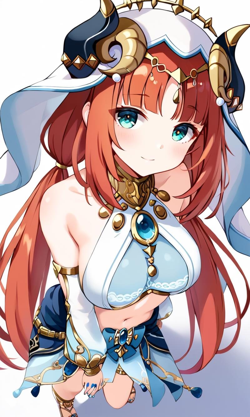 <lora:sdxl-gen-nilou-pony:0.8> gen-nilou, GenshinImpact, 1girl ,aqua eyes, eyeliner, orangered hair, shiny hair, horns, long hair, low twintails, parted bangs, sidelocks, medium breasts, blue nails, circlet, thighlet , neck ring +++ see-through veil, blue gemstone, white headwear, brooch, lightblue harem outfit, puffy long sleeves, bare shoulders, detached sleeves, gold trim, blue skirt, gladiator sandals +++ smile, (troubled eyebrows:0.6), +++ kick, from above, look up to, Establishing Shot, cinematic lighting, purple clouds