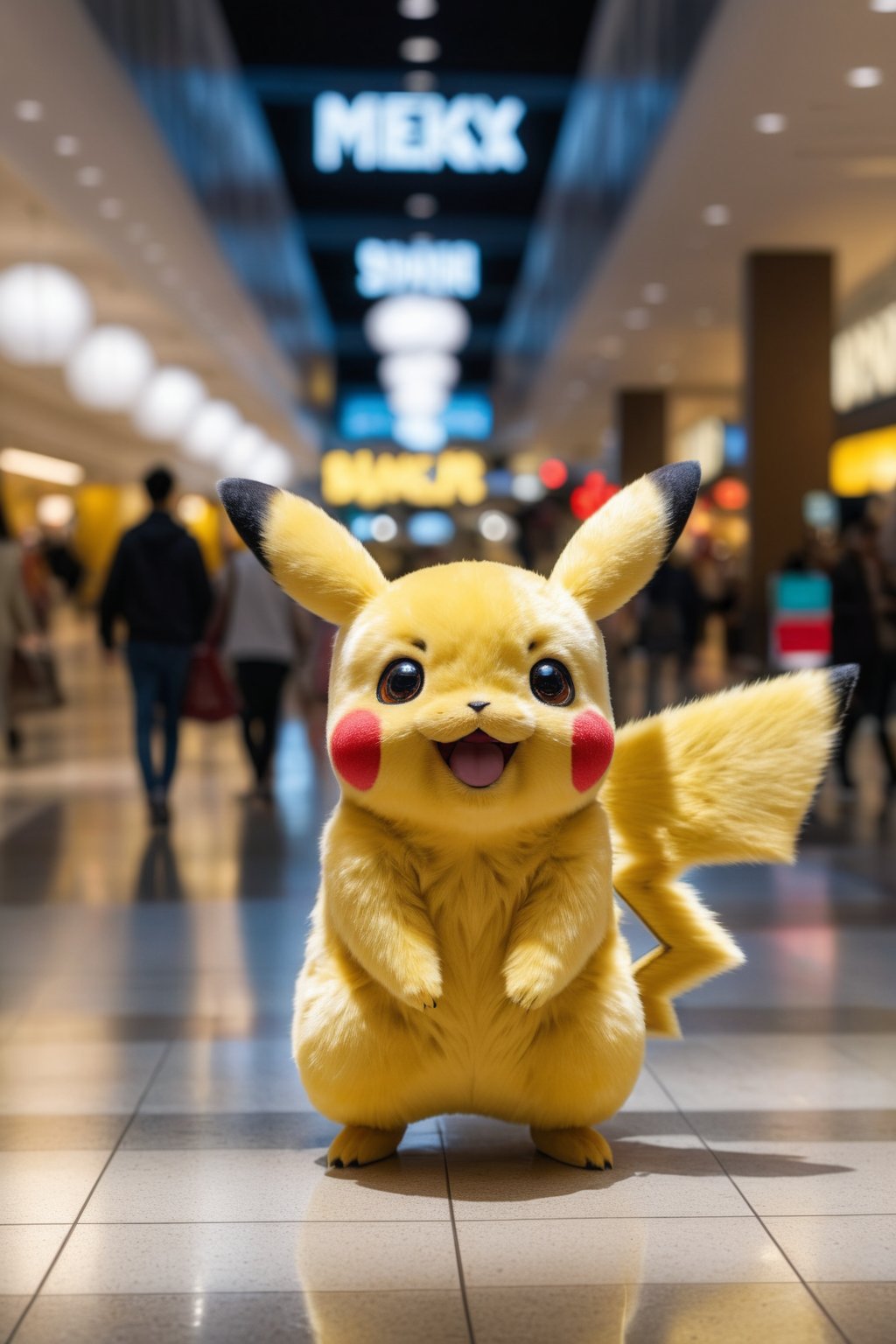 RAW photo, indoors, well lit, (backlit:0.7), a lifelike fuzzy Pikachu walking in the shopping mall smiling, realistic fur, a look of wonder, open smile, (surreal:0.4), hyper detailed photorealistic life-like accurate proportional 8k sharp focus, (accurate cinematic lighting), photorealistic detail, (selective focus:0.6)