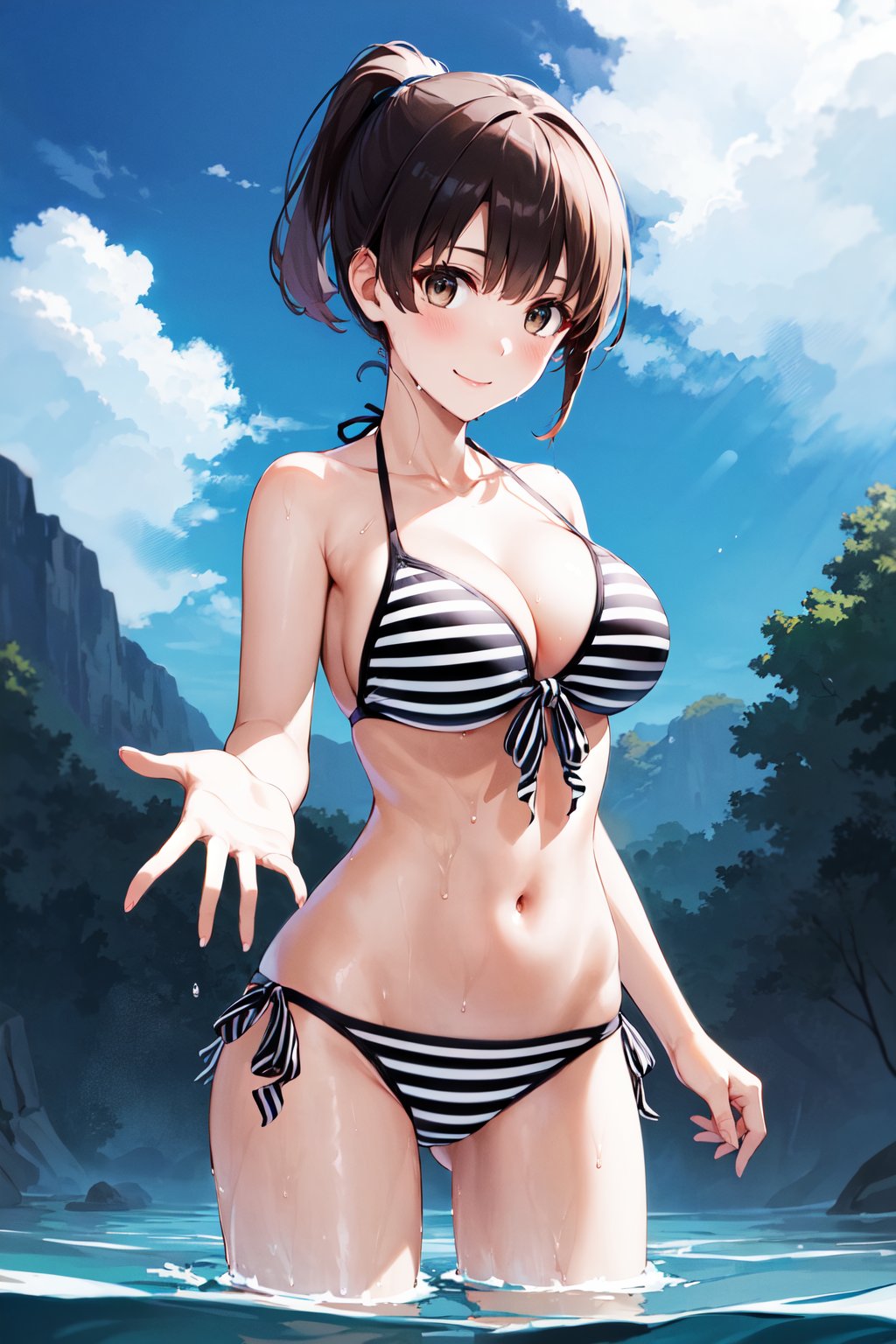 masterpiece, best quality, highres, ccmegumi, short hair, ponytail, collarbone, cleavage, striped bikini, front-tie top, side-tie bikini bottom, <lora:katou_megumi_v2:0.7>, standing, cowboy shot, wet, smile, partially submerged, water, sky, reaching out, 