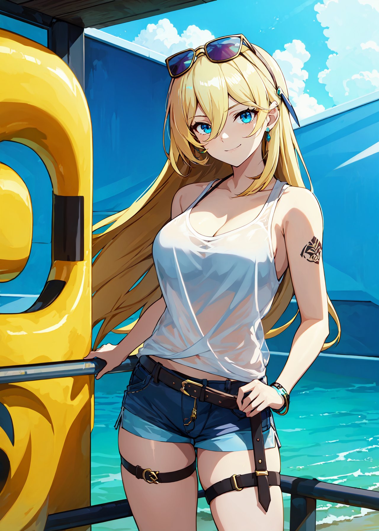 absurdres, highres, (official art, beautiful and aesthetic:1.2), ultra detail, beautiful person, bangs, blue eyes, blonde hair, long hair, very long hair, smile, hair between eyes, streaked hair,shirt, cleavage,jewelry, shorts, sleeveless, belt, see-through, short shorts, thigh strap, blue shirt, white shorts, barcode, barcode tattoo, blue tank top, swimsuit, bare shoulders, swimsuit, bikini, sunglasses, eyewear on head, white shorts,wind effect, bianka durandal ataegina, <lora:durandal_agenate:0.7>