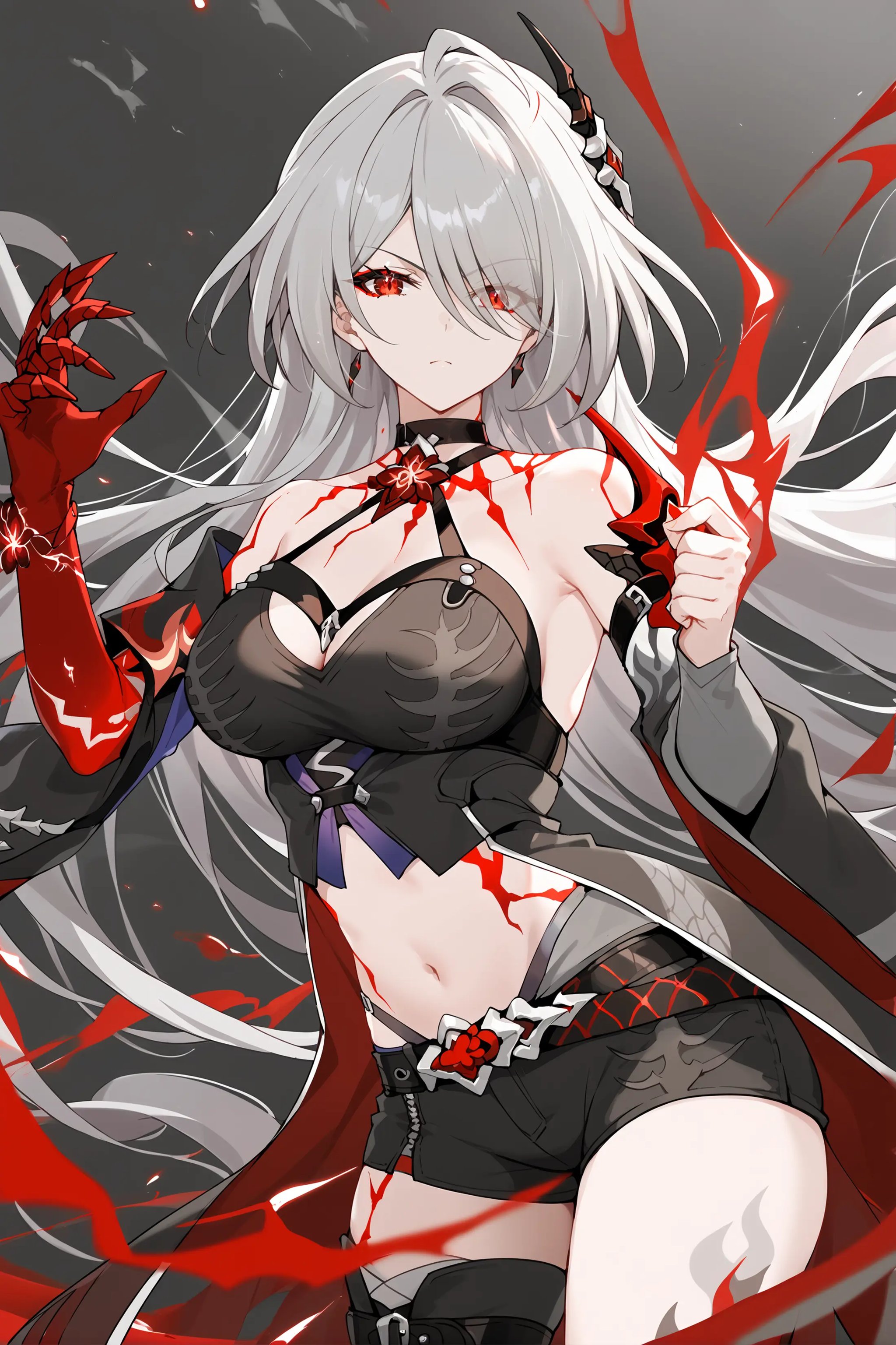 masterpiece, best quality, perfect features, intricate details, ray tracing, very aesthetic, (hitenkei, askzy:0.4), 1girl, acheron \(honkai: star rail\), solo, red eyes, silver hair, grey short shorts, grey leg tattoo, hair ornament, single grey thigh boot, pale skin, uneven legwear, grey midriff, choker, grey long coat, grey single sleeve, red single gauntlet, bodypaint, cowboy shot, blood splatter, red electricity, aura, looking at viewer, floating hair, glaring, midair, fighting stance  <lora:Char-HonkaiSR-Acheron-Pony-V1:0.9>