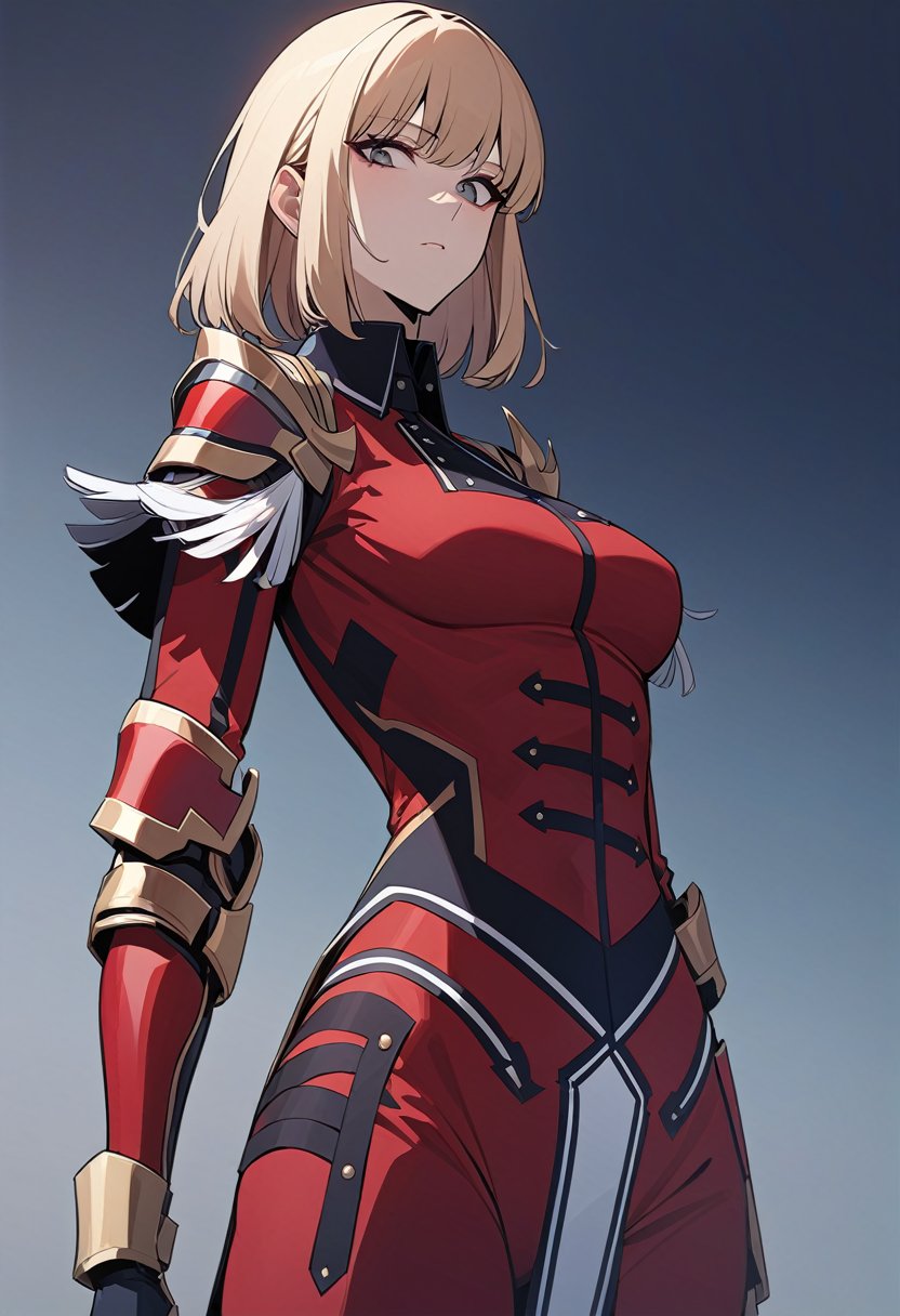 solo, 1girl, cha hae-in, expressionless, looking at viewer, blonde hair, red armor, black collar, shoulder armor, long sleeves, gauntlets, pelvic curtain, red leggings, masterpiece, best quality, rating: general, newest <lora:sololeveling_chaehae-in_xl-05:1>