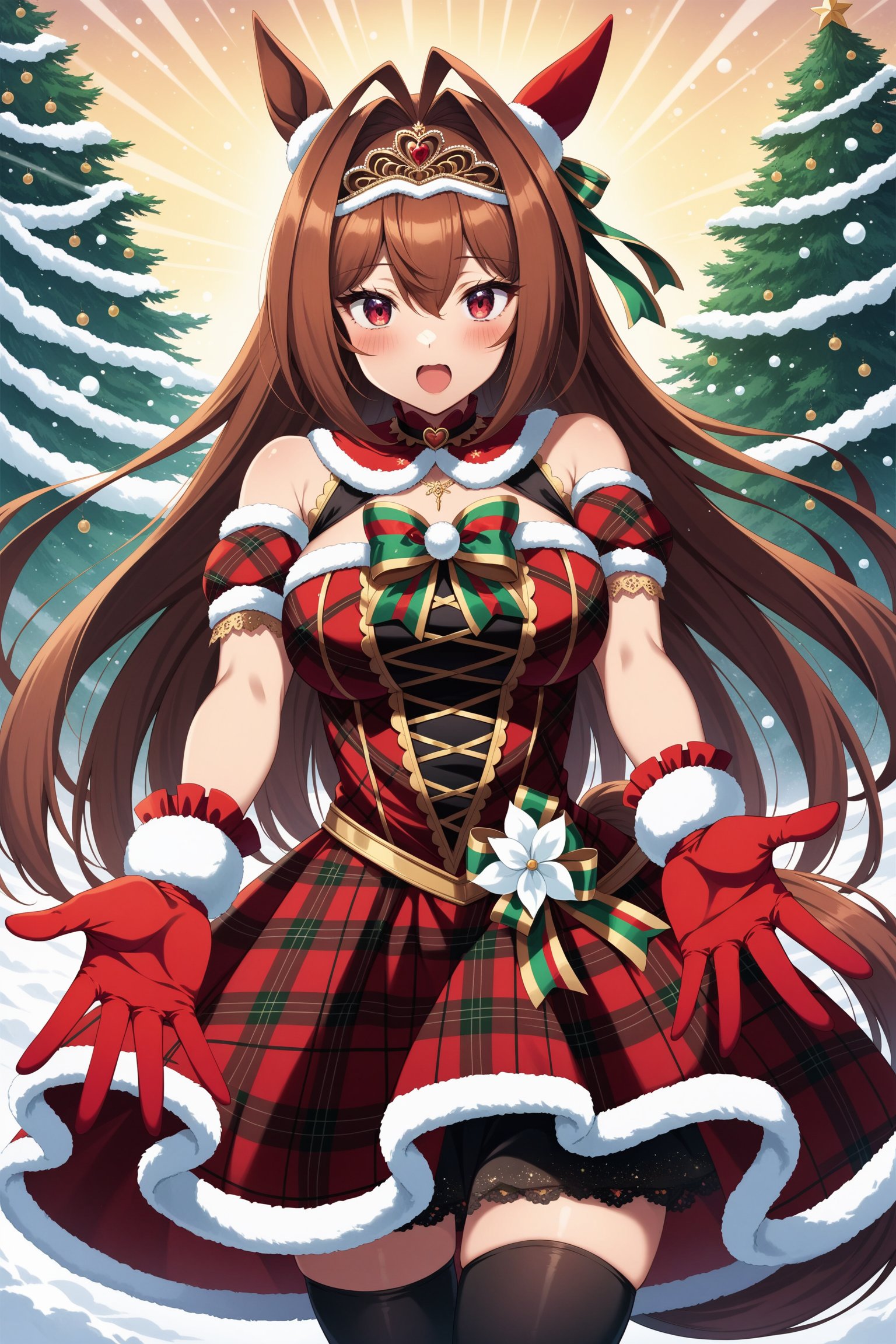 (masterpiece, best quality, very aesthetic, ultra detailed), intricate details, 4k, anime style, bbdaiwa, long hair, hair ribbon, animal ears, ear covers, tiara, horse tail, bare shoulders, fur trim, green bowtie, plaid dress, red dress, green bow, detached sleeves, red gloves, black thighhighs, <lora:daiwa_scalet_XL_v1:0.9>, outstretched arms, smile, happy, blush, snow, outdoors, christmas tree, reaching out, open mouth