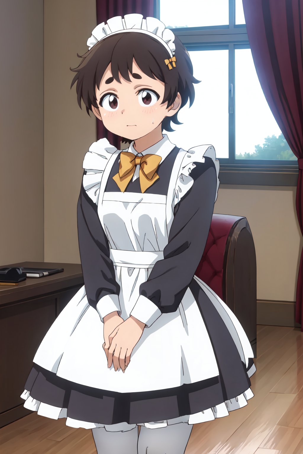 Nokoko Inaka, (8k, HD), 1 girl, alone, short hair, brown hair, long stockings, long sleeves, dress, brown eyes, ruffles, interior, sweat drop, apron, black dress, white long stockings, maid, maid headdress, chair, thick eyebrows, curtains, white apron, maid apron, cross-dressing, ruffled apron, maid, yellow bow<lora:EMS-468467-EMS:0.800000>