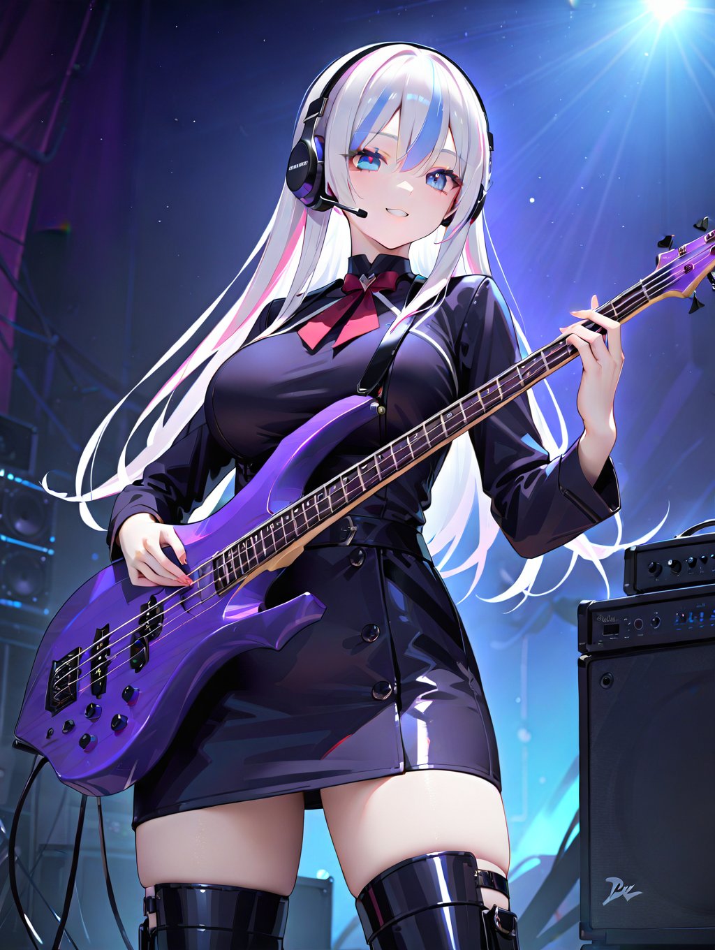 1lady playing bass guitar,solo,rock_n_roll,standing,dynamic angle,beautiful eyes,long hair,streaked hair,Himecut,sailorfuku,big breast,eibow glove,little smile,lovestruck,earphone,thighboots,pantyhose,speaker,amplifier,very aesthetic, masterpiece, best quality, absurdres, <lora:esp-f-bass:1>