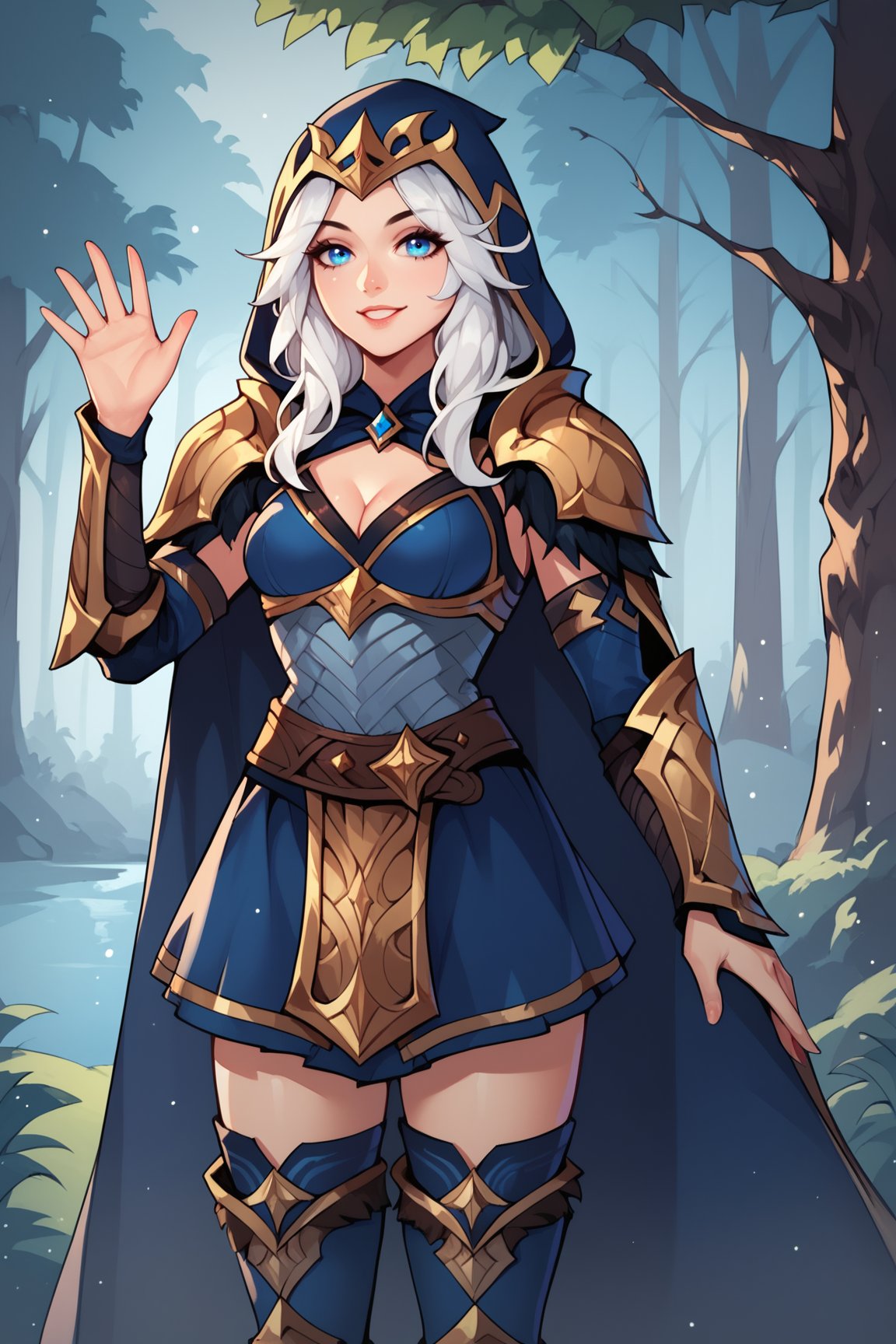 score_9, score_8_up, score_7_up, score_6_up, score_5_up, score_4_up, AsheLoLXL, blue eyes, white hair, long hair, parted bangs, blue hood, hood up, medium breasts, golden armor, cape, shoulder armor, cleavage, blue dress, vambraces, brown belt, blue skirt, blue thighhighs, thigh boots, solo, standing, waving, seductive smile, looking at viewer, forest, tree <lora:AsheLoLXL:0.8>