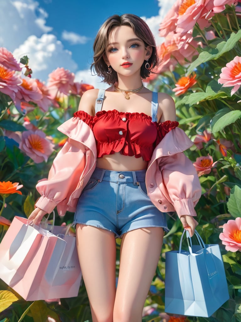 gwnh01, 1girl, jewelry, flower, solo, bag, day, sky, earrings, shorts, from below, cloud, blue sky, outdoors, necklace, holding, shopping bag, jacket, hoop earrings, holding bag, short hair, denim, midriff, parted lips, standing, bangs, strapless, breasts, crop top, navel, tube top, makeup, denim shorts, brown hair, off shoulder, petals, pink flower, red lips, open clothes, cloudy sky, long sleeves, looking at viewer, feet out of frame, lips, shirt, blue shorts, blue eyes, looking down, short shorts, lipstick, suspenders, orange flower, red flower, black hair, open jacket,<lora:gwnh-XL:0.8>,, best quality, ultra-detailed, masterpiece, finely detail, highres, 8k wallpaper