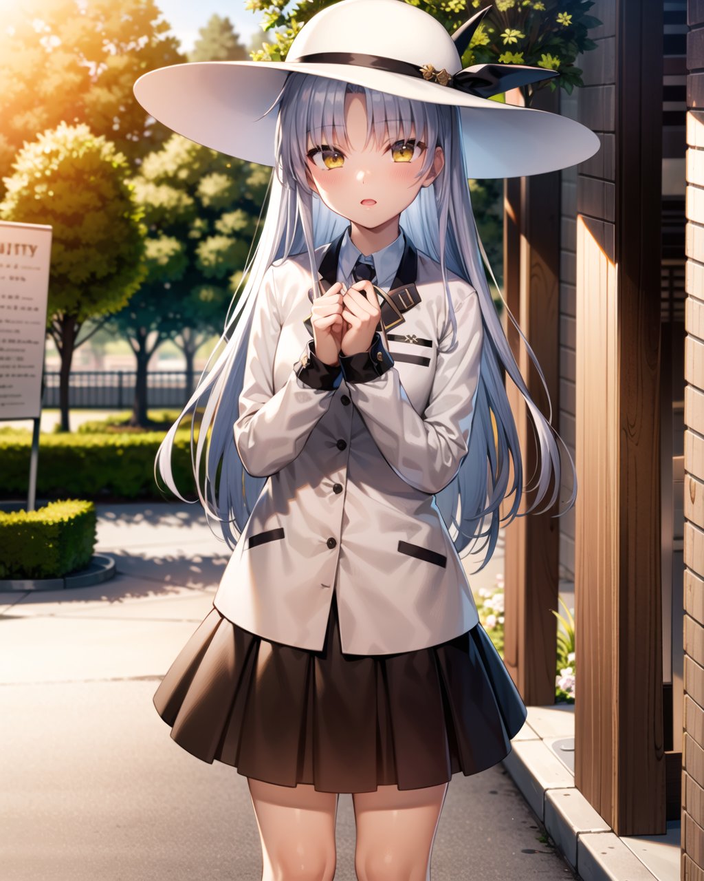 ((masterpiece)), ((best quality)), ((highres)), ((extremely detailed CG unity 8k wallpaper)), solo, <lora:tachibana kanade:1>, tachibana kanade, tan school uniform, black skirt, white socks, curtained hair, silver hair, outdoors, sun hat, sunny, garden