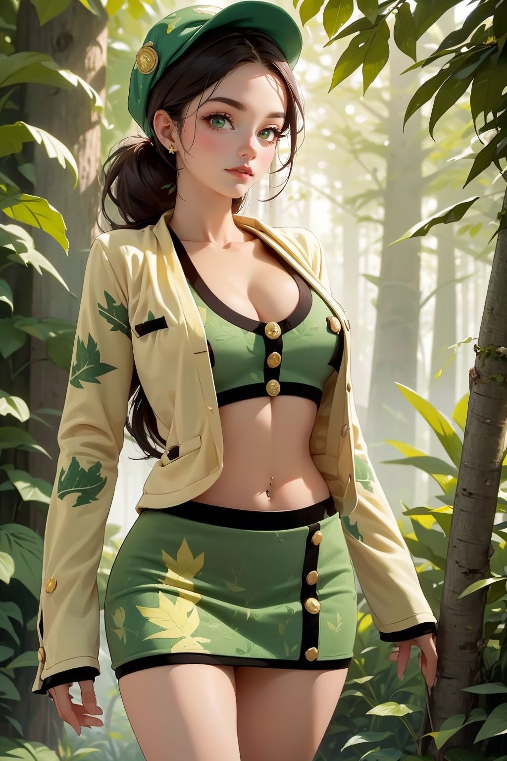 Female, (Big breasts), (Qi bangs, ponytail), (Ancient, Heroine), (velvaura, green bra,  midriff, green skirt, ((leaf printed skirt))), golden buttons, cropped jacket, long sleeves, forest ranger, (forest ranger hat), Standing in the forest, falling leaves, (long legs), (ring finger diamond ring), full body, looking at the audience, masterpiece, realistic, ((face closeup, face shot)),   <lora:10xCocoDressMajic_LR5_v1-000005:0.8>