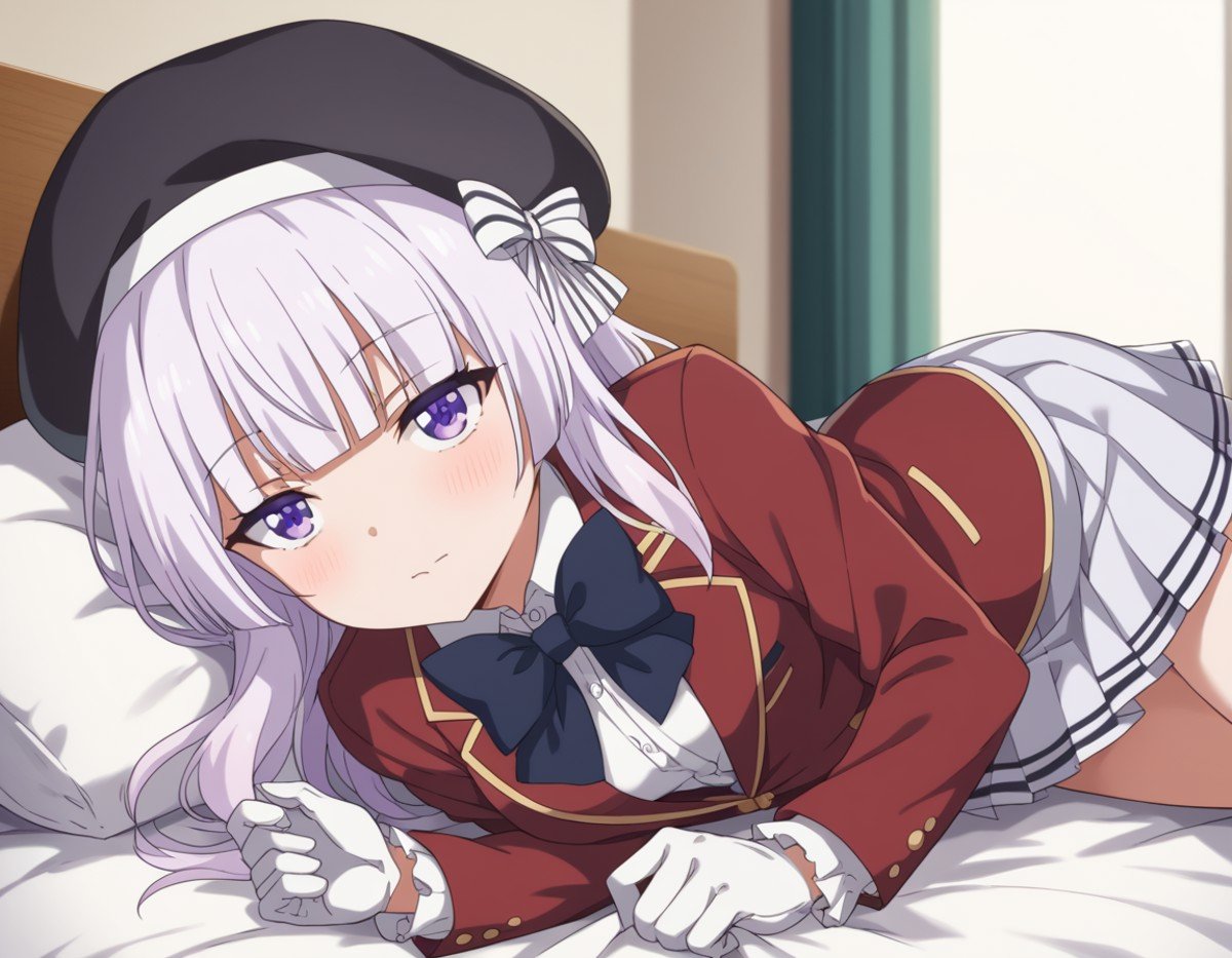 score_9, score_8_up, score_7_up, source_anime,arisusakayanagi, <lora:arisu-sakayanagi-s3-ponyxl-lora-nochekaiser:1>,arisu sakayanagi, long hair, bangs, purple eyes, white hair, blunt bangs,skirt, shirt, gloves, long sleeves, hat, bow, school uniform, jacket, white shirt, pleated skirt, collared shirt, miniskirt, bowtie, black headwear, black bow, beret, blazer, white skirt, red jacket, grey skirt, black bowtie,indoors, bed, bed room, on side, blush, drunk,looking at viewer, dutch angle, cowboy shot, solo,