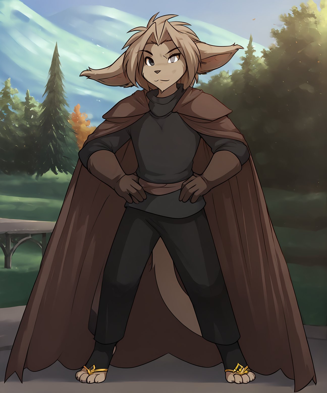 score_9, score_8_up, score_7_up,score_6_up,score_5_up, source_furryBREAKsolo, furry male anthro, medium hair, flat chest, (seductive), cape, pauldron, armor, gloves, (outdoors, park), toeless legwear, hands on hipsBREAK<lora:Alaric-Twokinds-SDXL-AnonTK-V6:1>, alaric-twokinds, basitin, mammal, feline tail, grey eyes