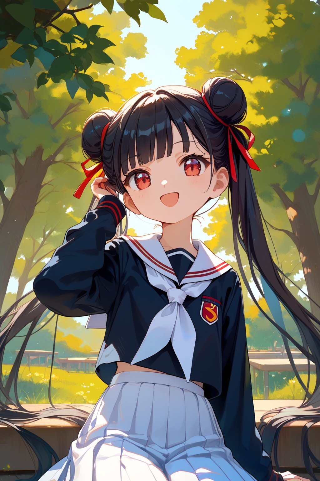 score_9, score_8_up, score_7_up, source_anime,tree, simple background,cowboy shot, close up, dynamic angle,adjusting hair, open smile, sitting<lora:meiling_autismConfetti_v01:1>li meiling, black hair, very long hair, twintails, double bun,  red eyes, tomoeda elementary school uniform,  black shirt, sailor collar, school uniform,  white sailor collar, long sleeves, white skirt, pleated skirt, white neckerchief,, zPDXL