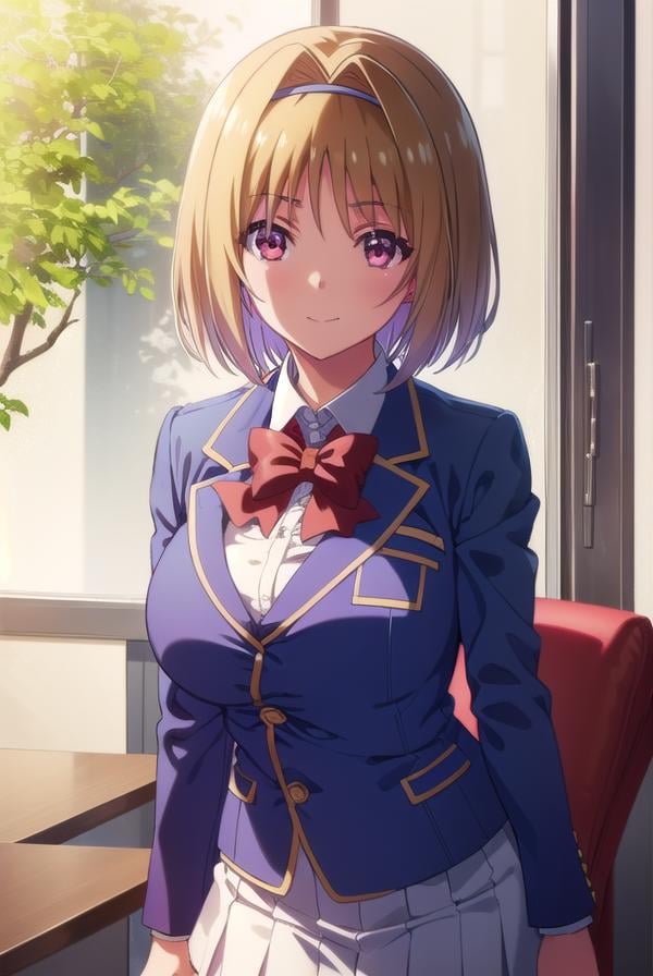 kikyoukushida, <lora:kikyou kushida s2-lora-nochekaiser:1>,kikyou kushida, short hair, blonde hair, (red eyes:1.3), hairband, hair intakes, smile,BREAK shirt, long sleeves, bow, school uniform, jacket, white shirt, bowtie, blue bow, blazer, (red blazer:1.5),BREAK indoors, classroom,BREAK looking at viewer, (cowboy shot:1.5),BREAK <lyco:GoodHands-beta2:1>, (masterpiece:1.2), best quality, high resolution, unity 8k wallpaper, (illustration:0.8), (beautiful detailed eyes:1.6), extremely detailed face, perfect lighting, extremely detailed CG, (perfect hands, perfect anatomy),