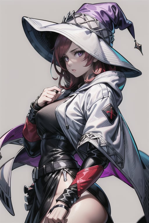 adult woman,  red hair,  purple eyes,  white witch's hat,  white hooded jacket,  BLACK shirt,  black skirts,  uniform,  curvy figure,  4k,  8k,  ultra high quality,  anime,<lora:EMS-179-EMS:0.800000>