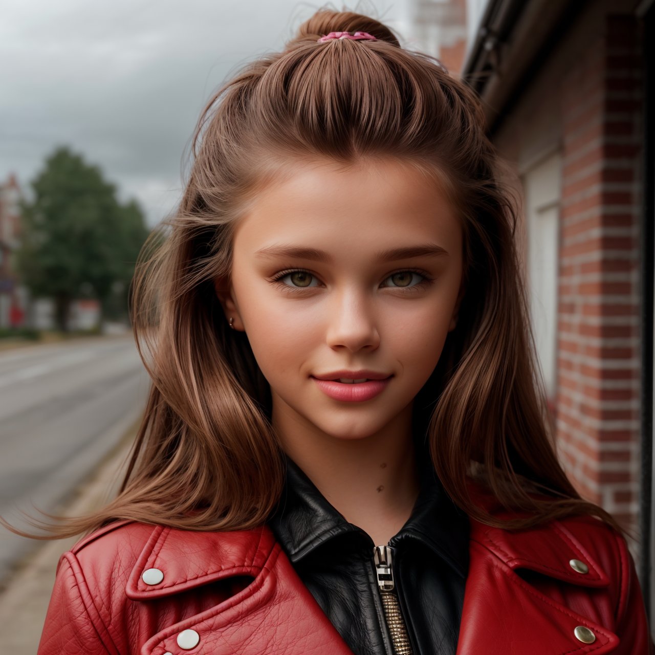 best quality, extra resolution, wallpaper, close up of charming (AIDA_LoRA_AngelPo:1.01) <lora:AIDA_LoRA_AngelPo:0.72> wearing a leather jacket posing in front of the car, on the road, little girl, pretty face, naughty, funny, happy, playful, intimate, cinematic, insane level of details, intricate pattern, studio photo, studio photo, kkw-ph1, hdr, f1.6, (colorful:1.1)