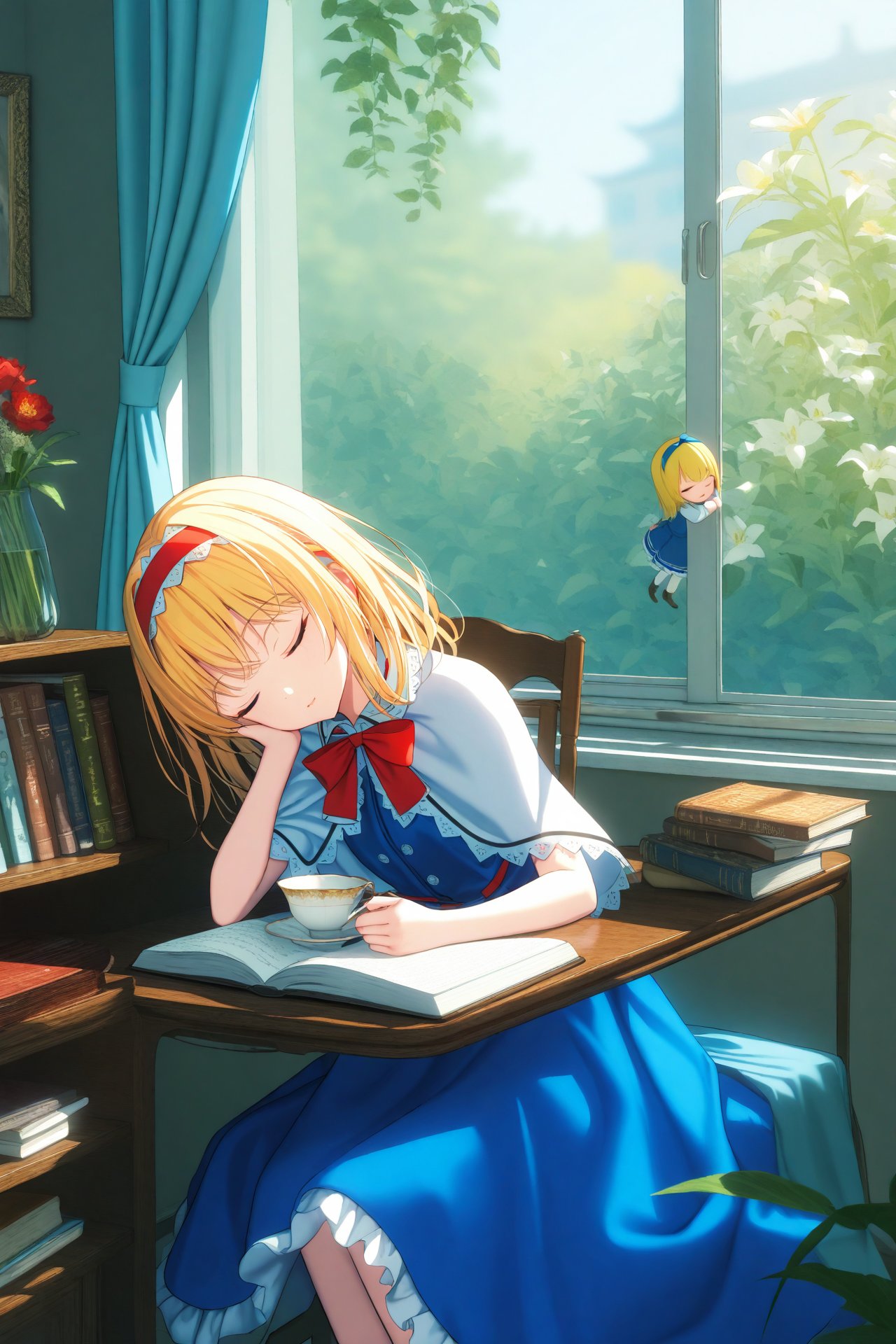 masterpiece,best quality,illustration,ultra detailed,hdr,Depth of field,(colorful),Artist rokusai,shanghai doll,alice margatroid,cup,hairband,closed eyes,bow,window,blonde hair,book,capelet,hair bow,flower,red bow,sleeping,short hair,curtains,plant,dress,long hair,1girl,blue dress,teacup,red hairband,chair,open book,paper,holding,